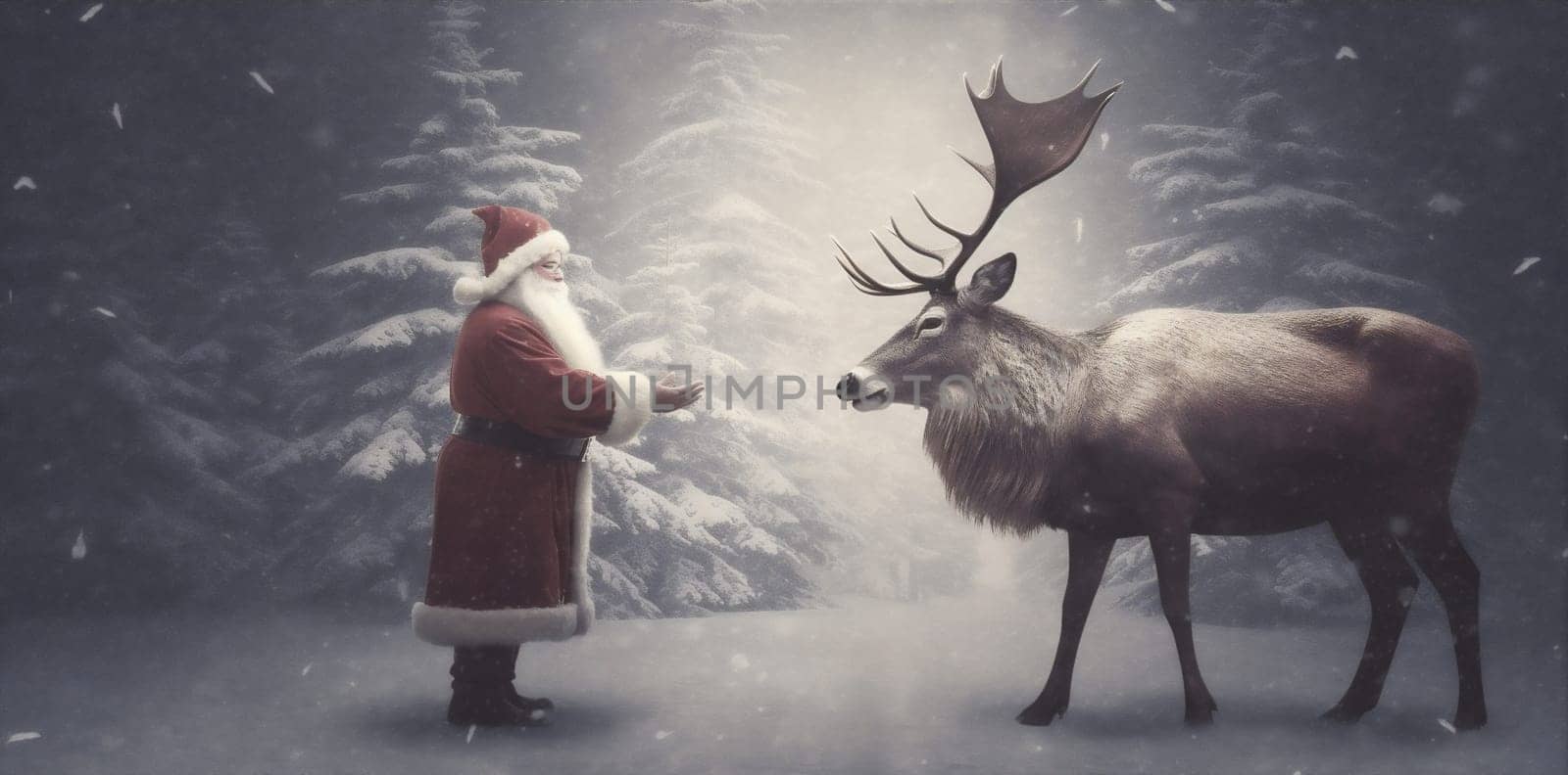 sleigh greeting christmas vintage card illustration santa claus reindeer snow. Generative AI. by Vichizh