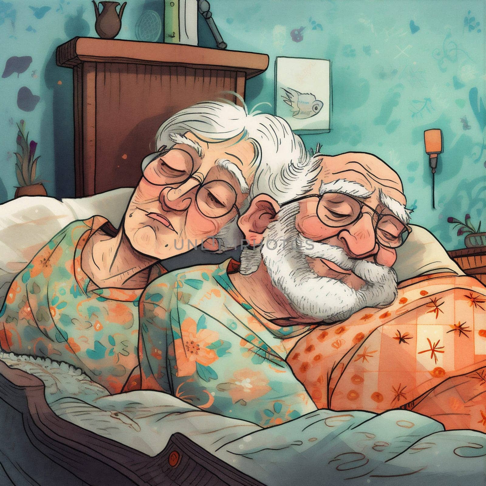 woman man bed retired old love together happy adult couple pillow asleep. Generative AI. by Vichizh