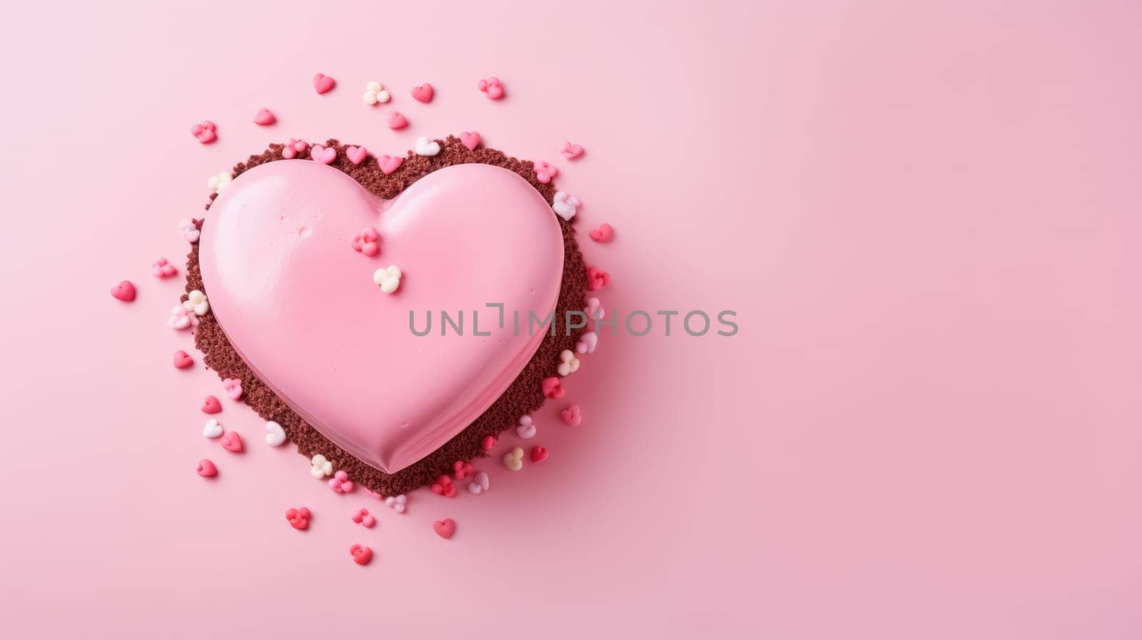 Pink heart shape cake on pink marble background. Valentine day. by natali_brill