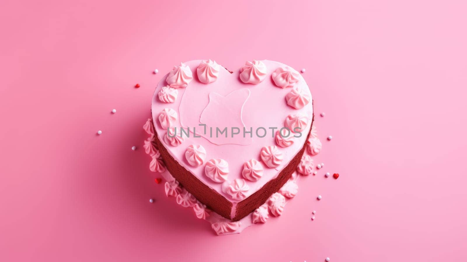 Pink heart shape cake on pink marble background. Valentine day. by natali_brill