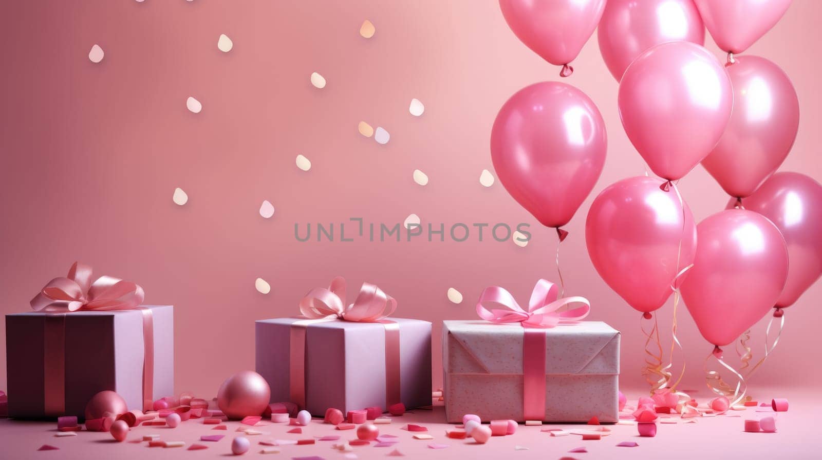 Valentine Day gift. Romantic pink background with balloons hearts and gift box. AI