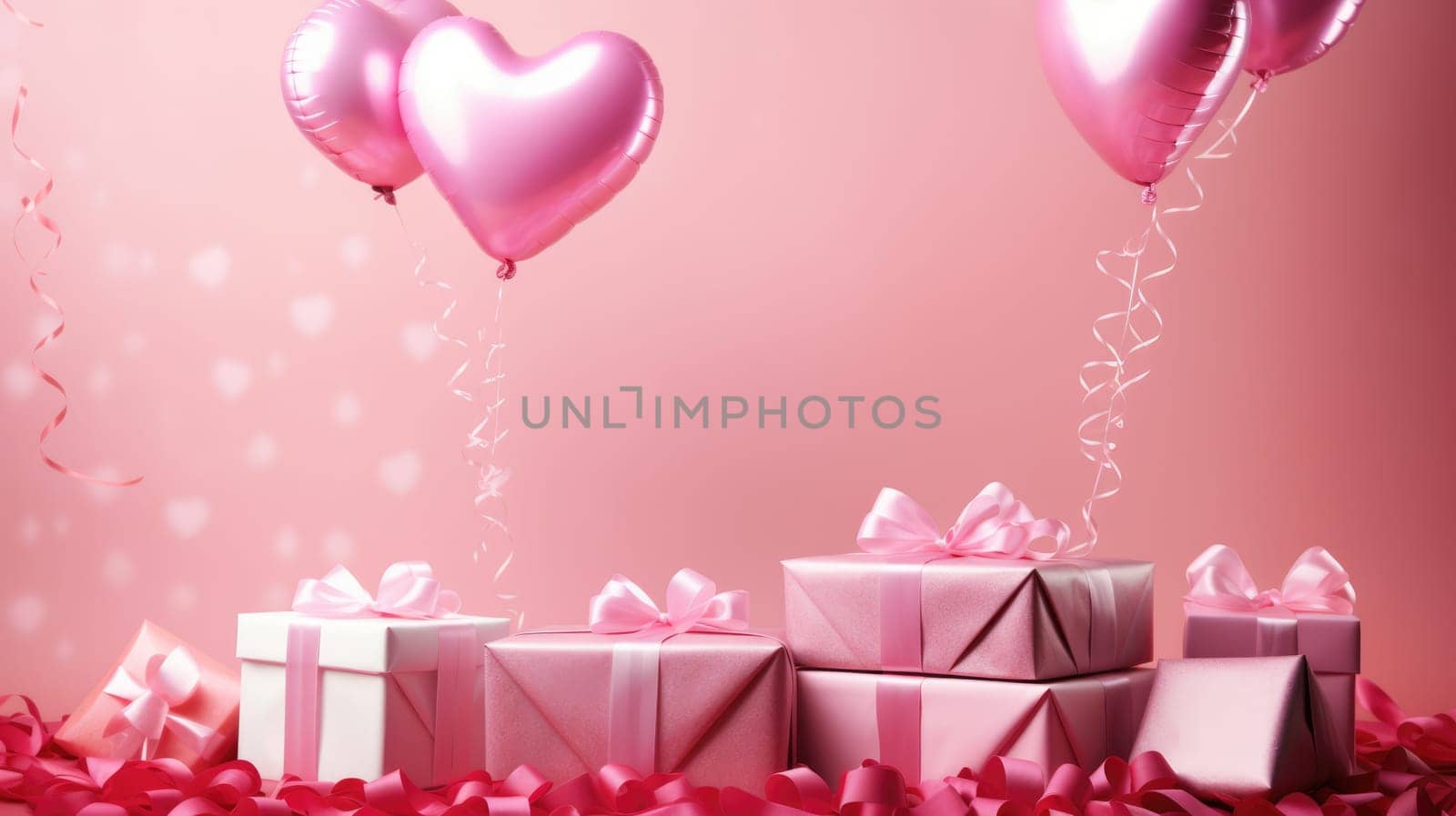 Valentine Day gift. Romantic pink background with balloons hearts and gift box by natali_brill