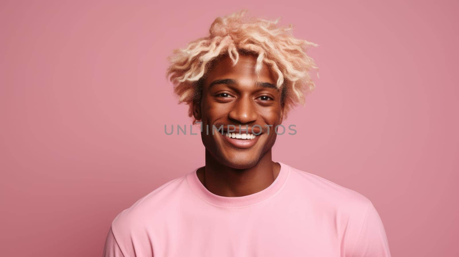 Portrait of a handsome African man with short blond hair on a pastel pink background in a studio. AI