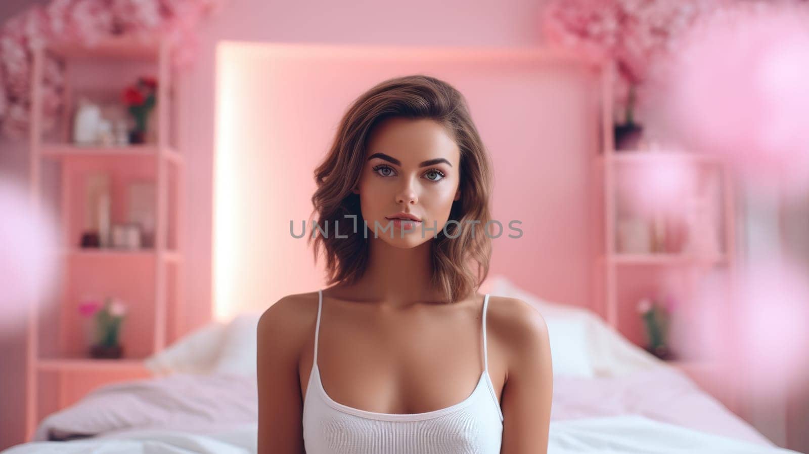 Beautiful woman portrait, blurred pink room as background. AI