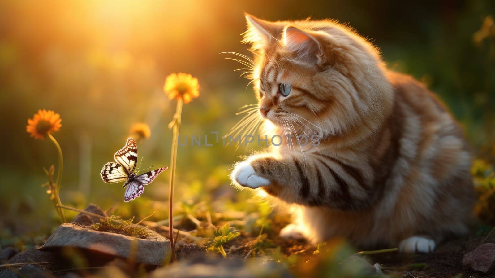 The cat catches a butterfly with its paw. Blurred sunny background. AI