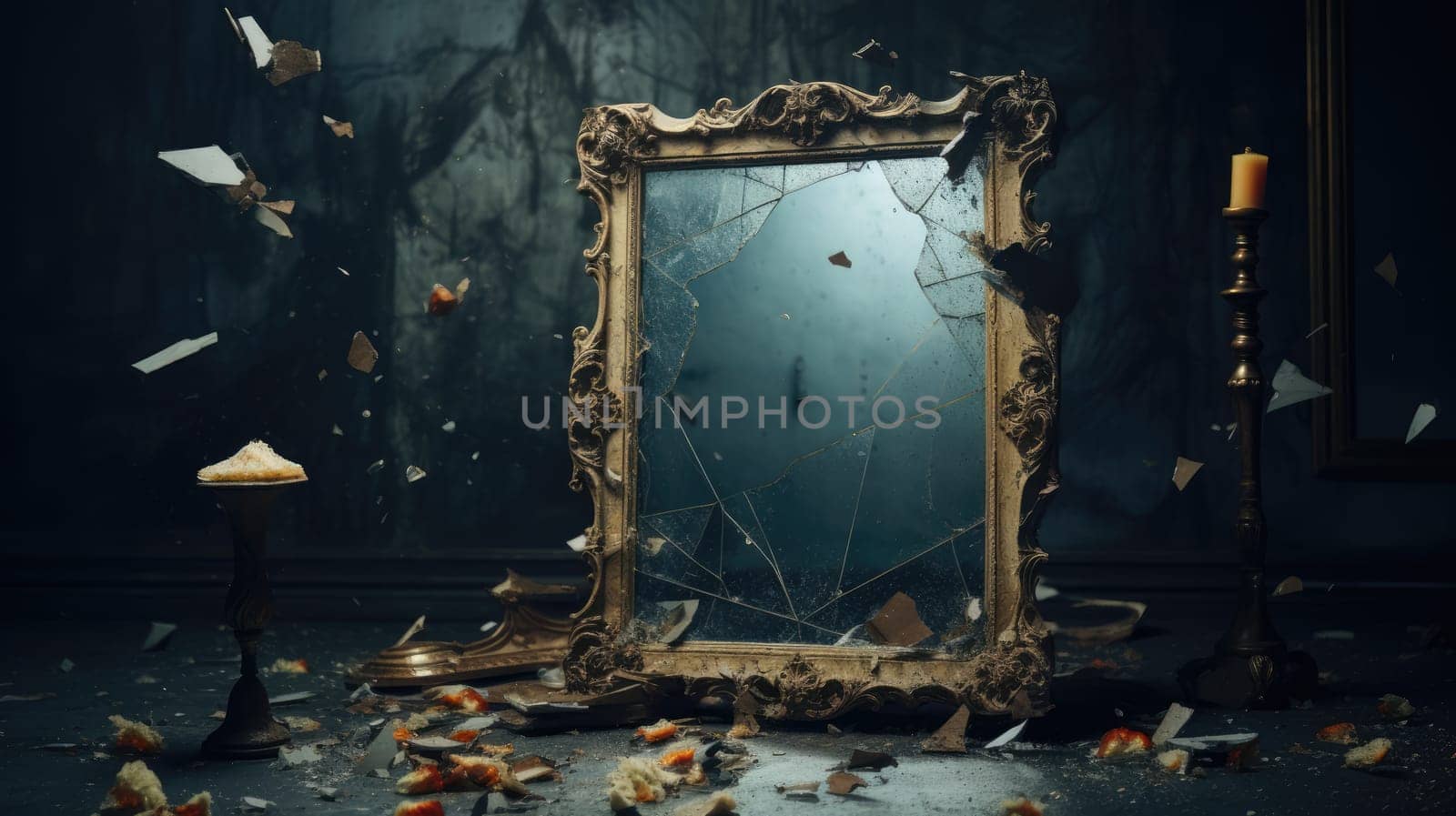 Broken vintage mirror in a frame on a dark background by natali_brill