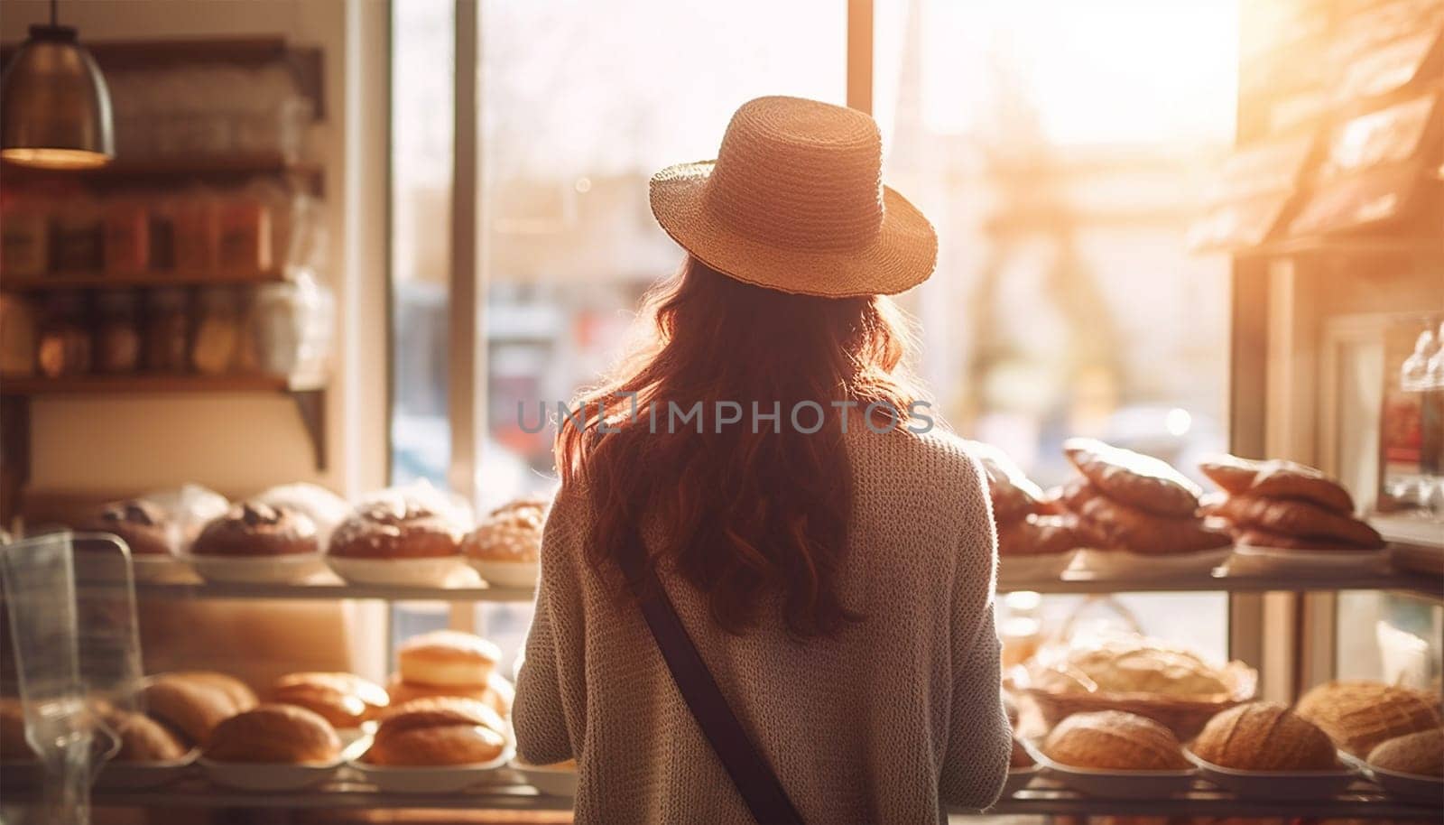 Young woman in cute cozy pastry shop buying bread and cake. A beautiful young woman looks at a glass showcase with sweets. Smiling blonde copy space Copy space