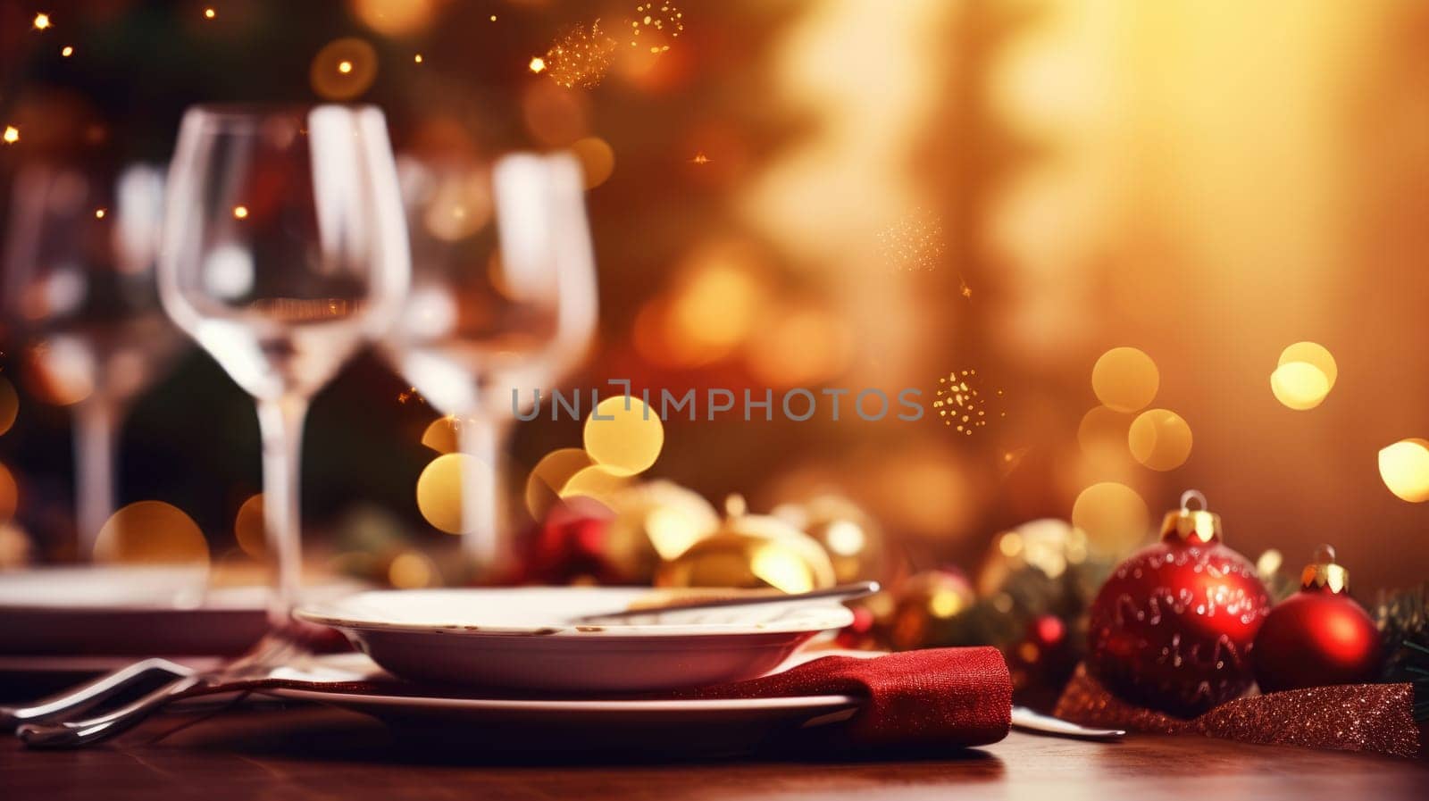 Blurred lights and table served for christmas dinner party at home by natali_brill