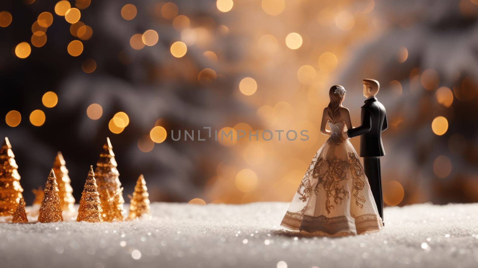 Toy figures of the bride and groom. Christmas wedding, blurred Christmas background AI