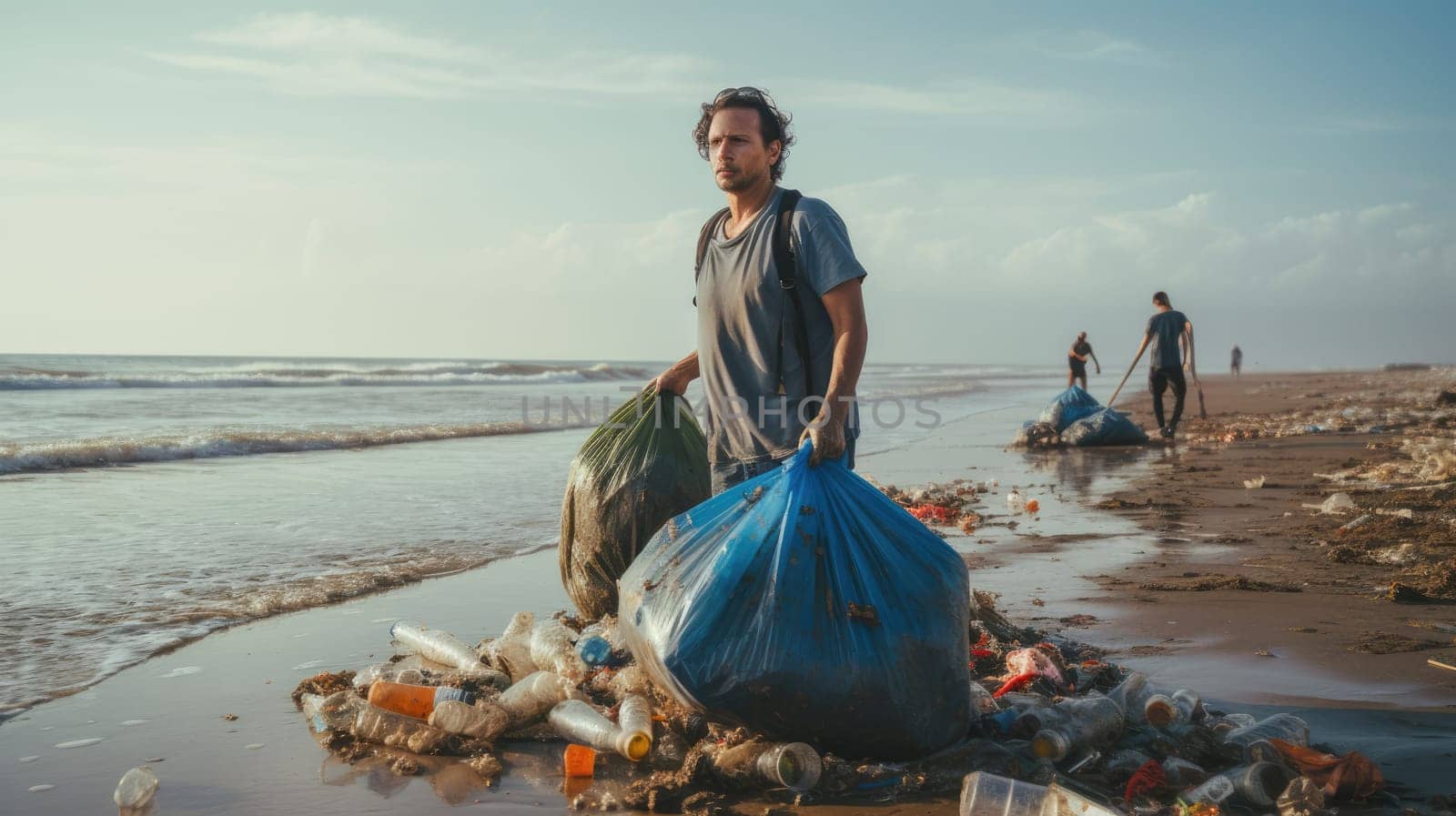Man pick up plastic on the beach. Pollution of the planet and ocean. AI