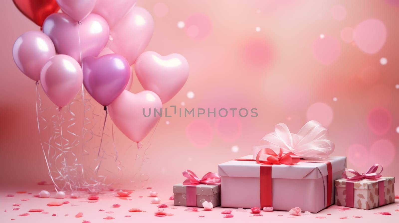 Valentine Day gift. Romantic pink background with balloons hearts and gift box by natali_brill