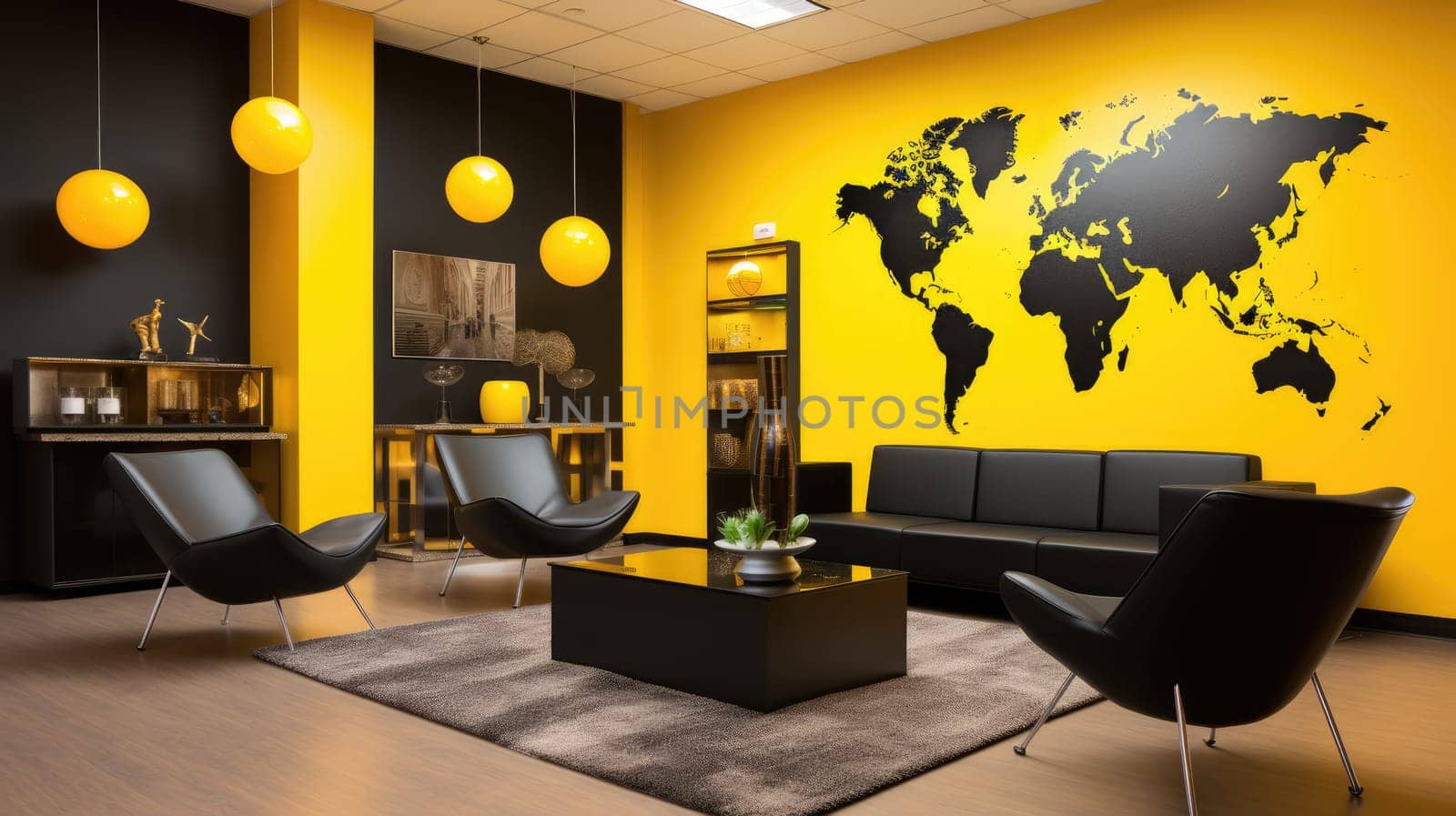 Travel agency office in yellow and black colors. Interior design. World map on the wall. AI