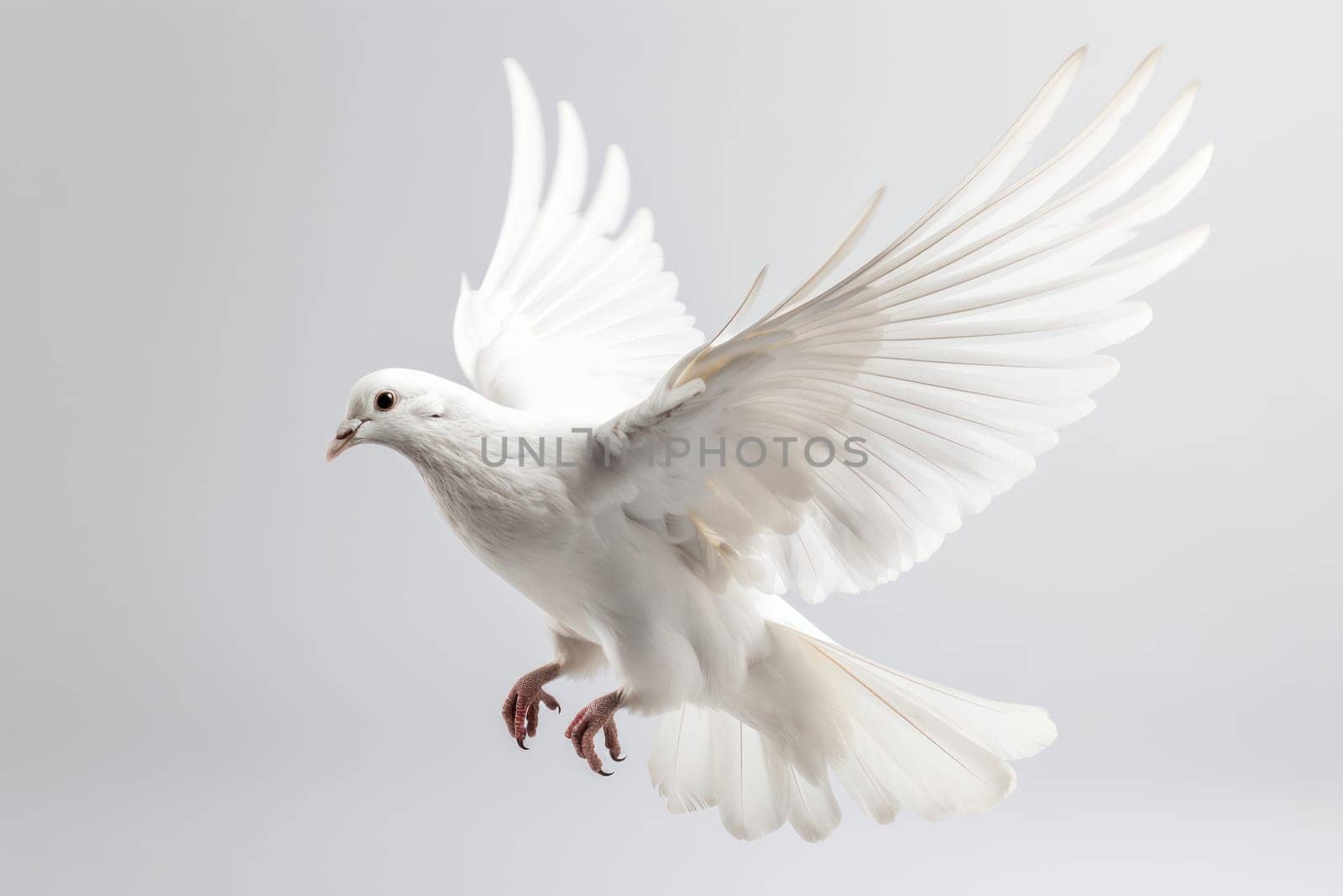 A white bird takes to the skies with wings outstretched by Sorapop