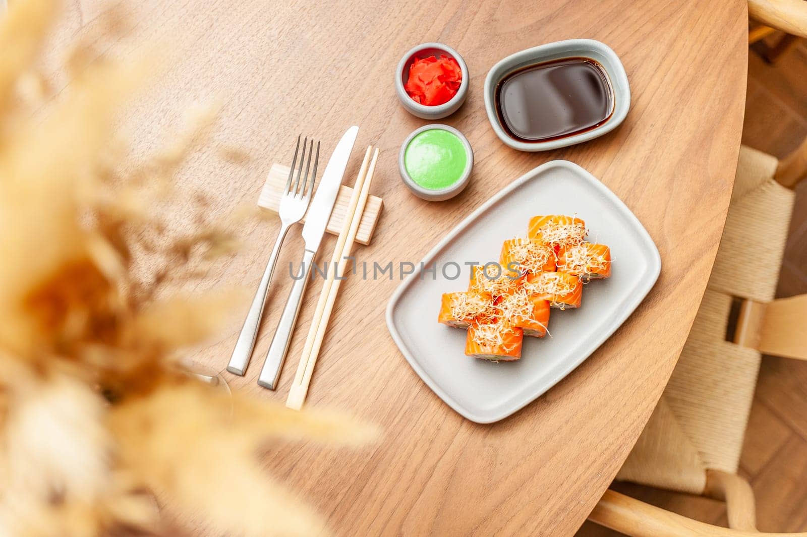 Classic Philadelphia sushi roll set with salmon and cream cheese. Japanese dish of fresh salmon and rice. High quality photo