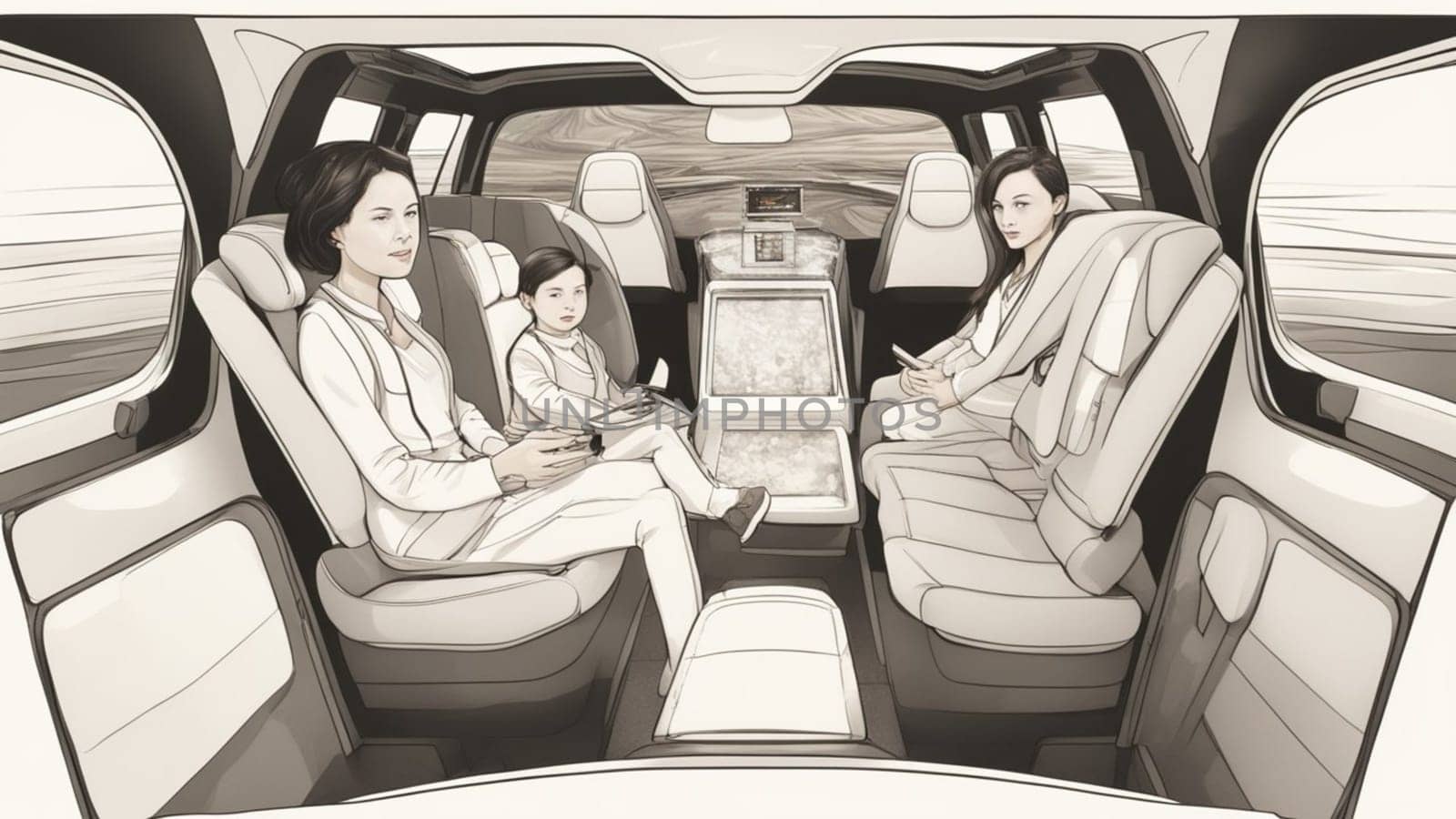 family travel in ev electric autonomous self driving car while play enjoy the ride by verbano