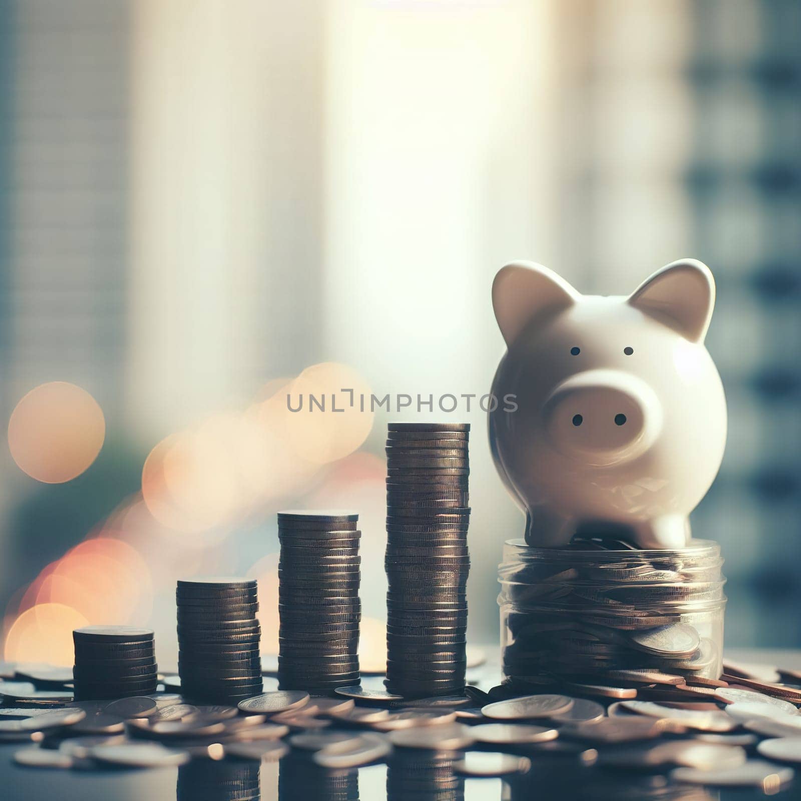 Stacks of coins, symbol of savings and investment. Generative AI. High quality illustration
