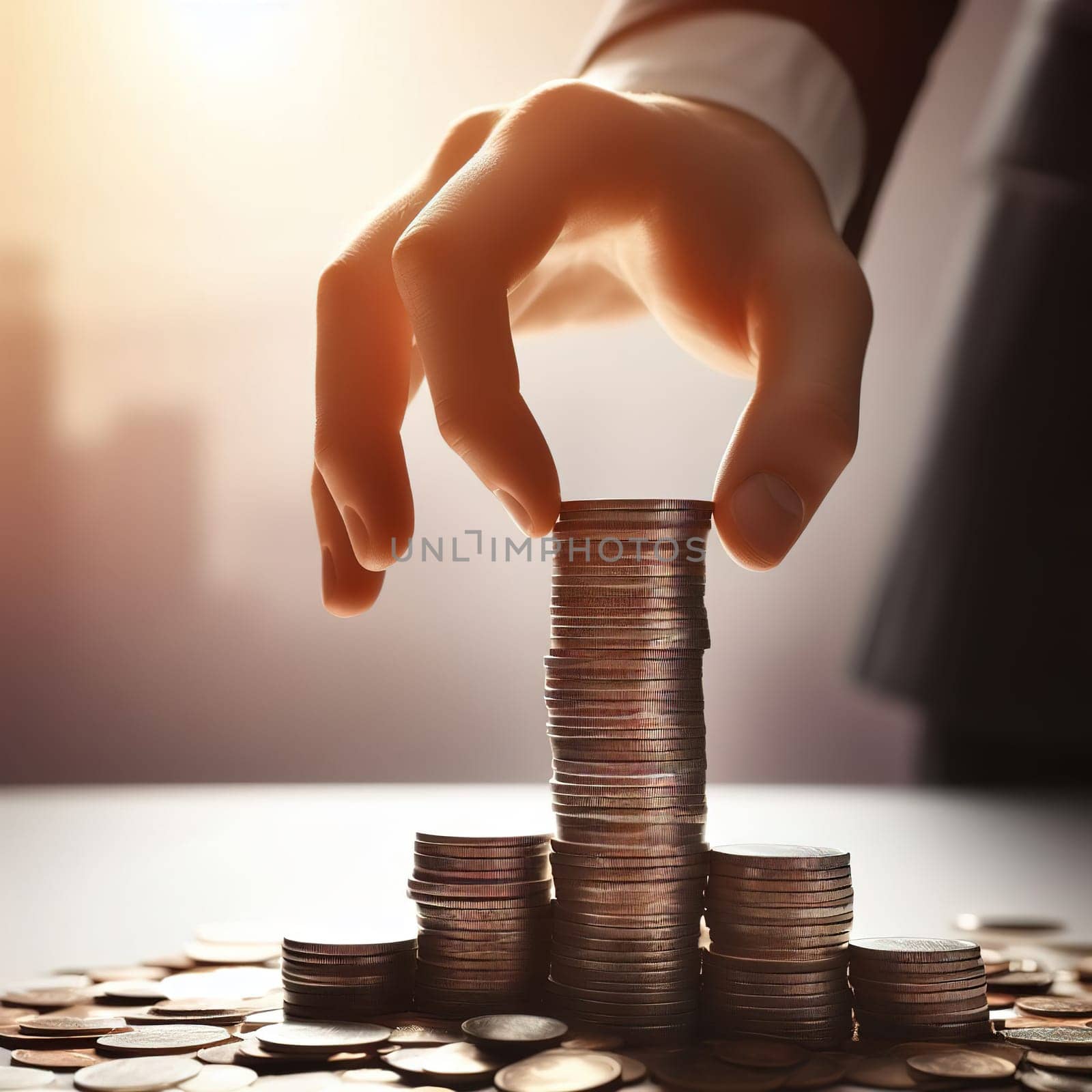 Stacks of coins, symbol of savings and investment. Generative AI. High quality illustration
