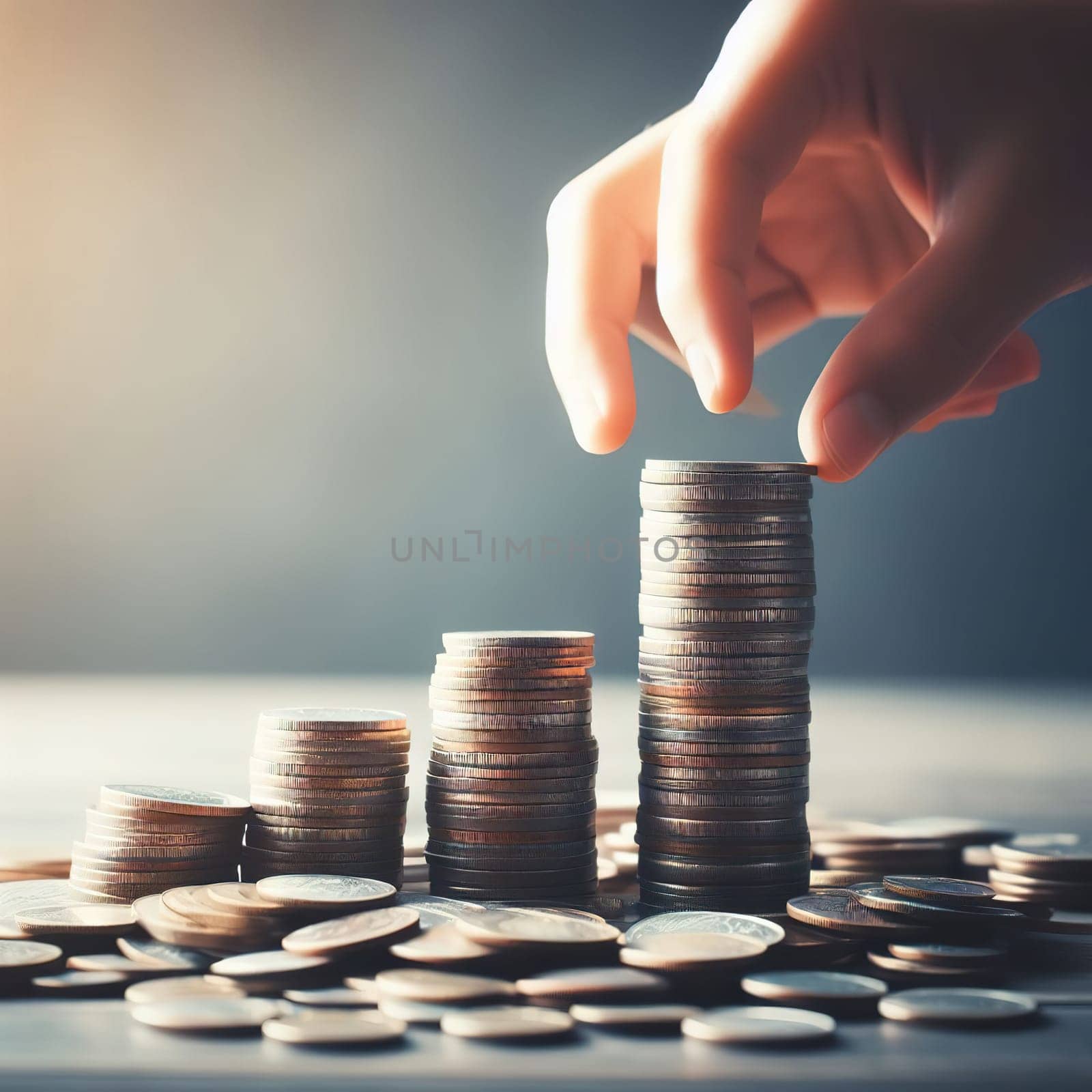 Stacks of coins, symbol of savings and investment. Generative AI. High quality illustration
