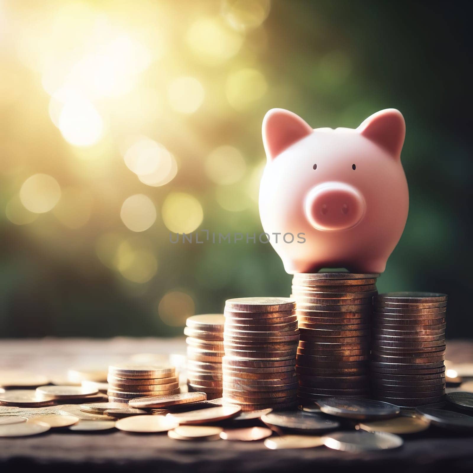 Stacks of coins, symbol of savings and investment. Generative AI. High quality illustration