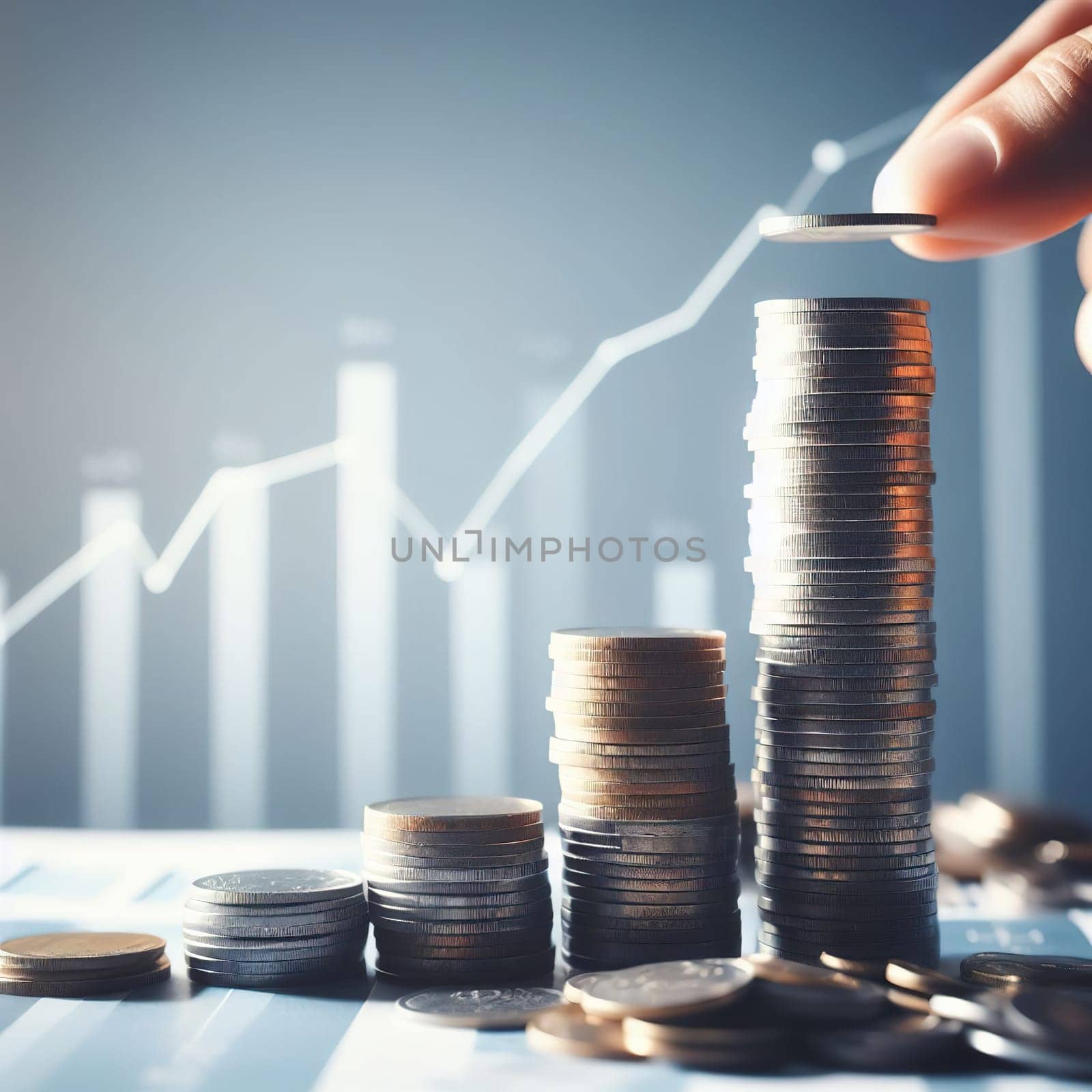 Stacks of coins, symbol of savings and investment. Generative AI. High quality illustration