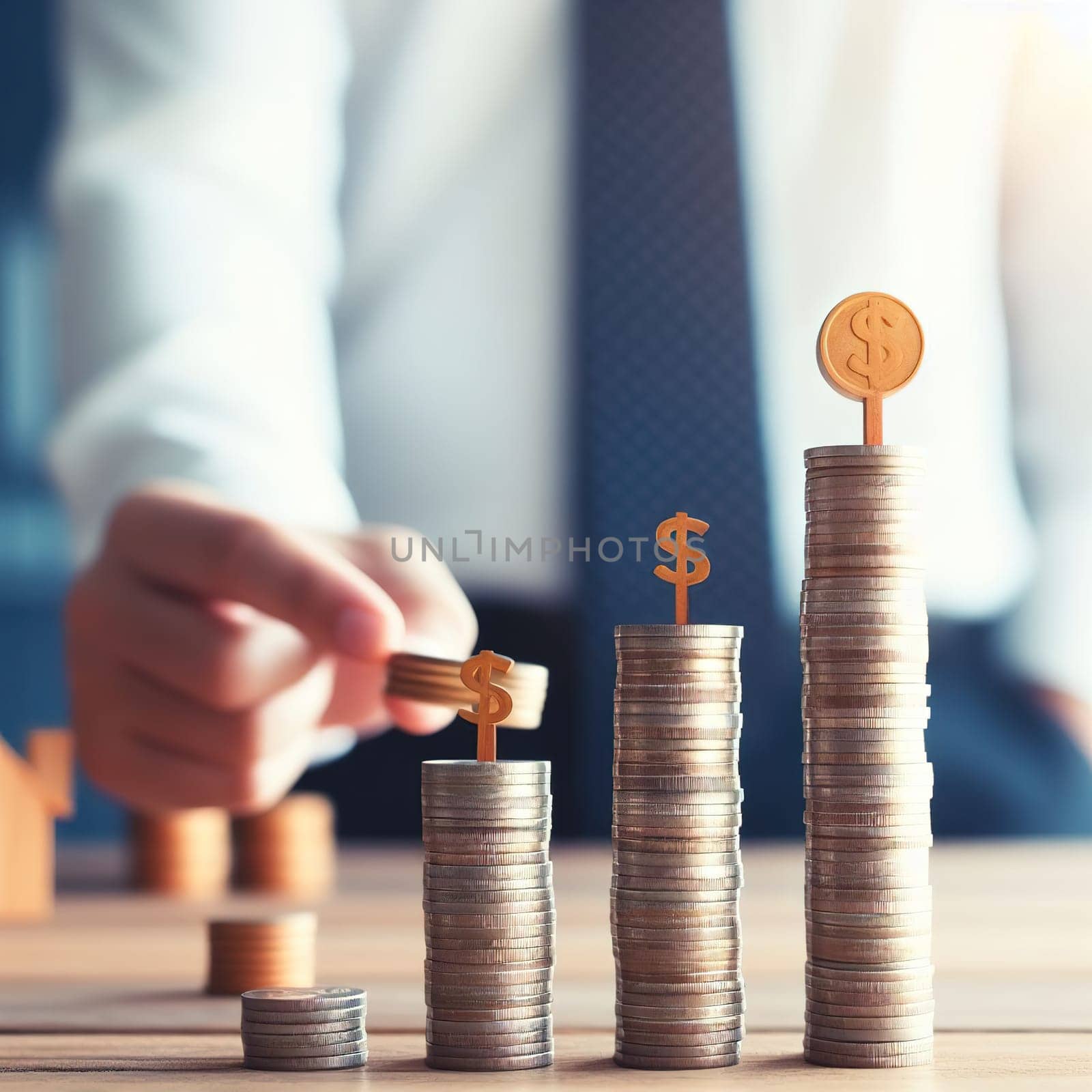 Stacks of coins, symbol of savings and investment. Generative AI. High quality illustration