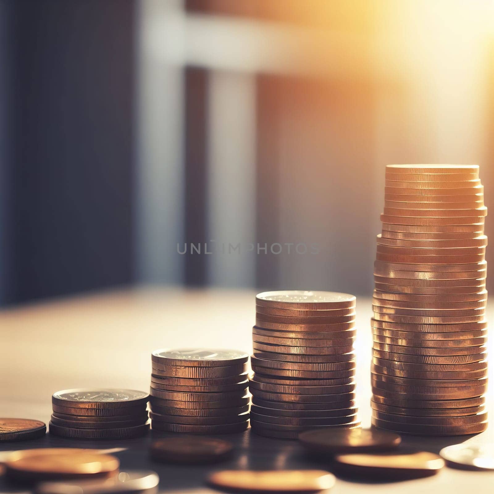 Stacks of coins, symbol of savings and investment. Generative AI. High quality illustration