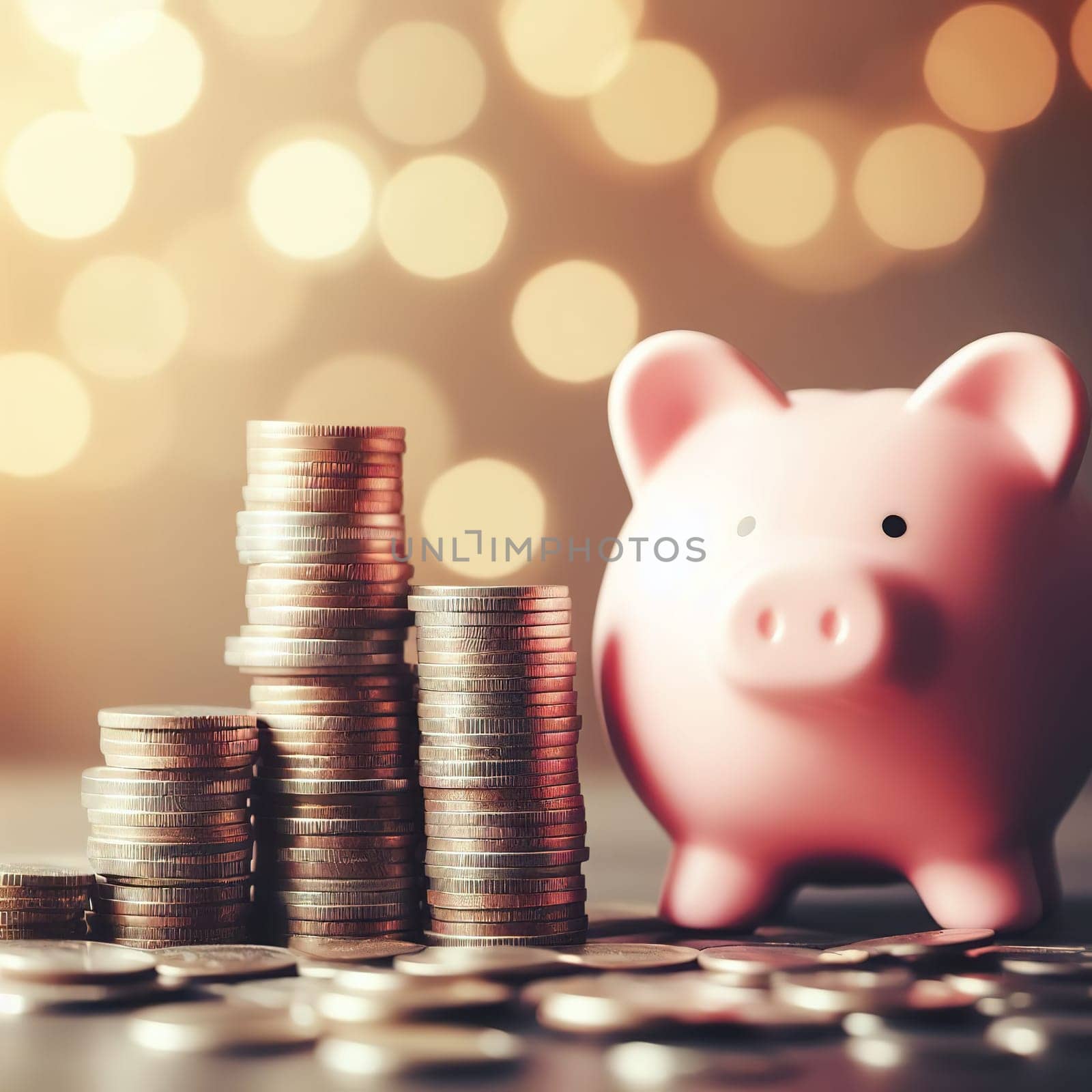 Stacks of coins, symbol of savings and investment. Generative AI. High quality illustration