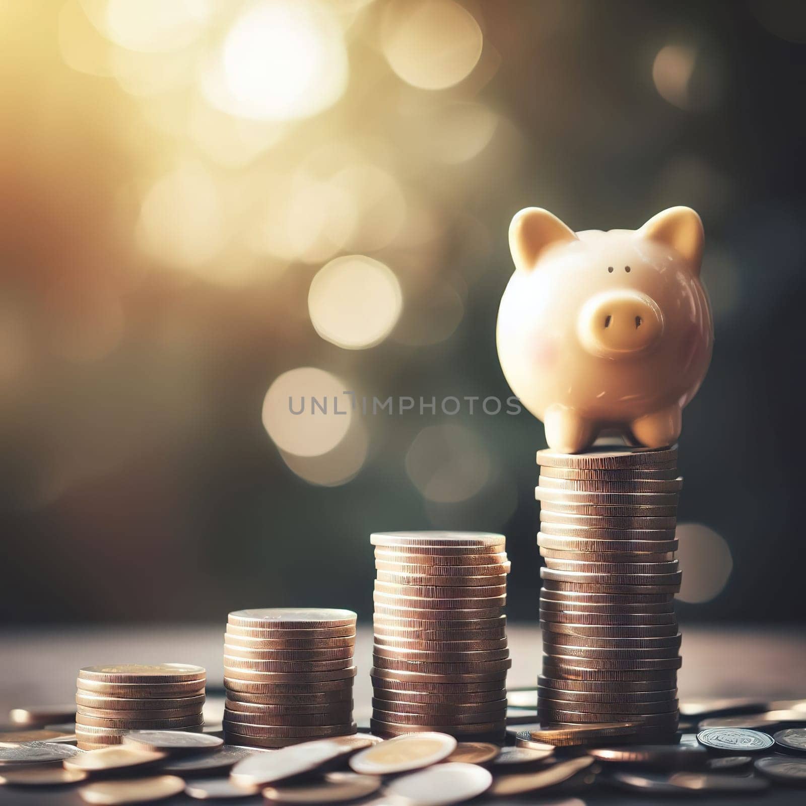 Stacks of coins, symbol of savings and investment. Generative AI. High quality illustration