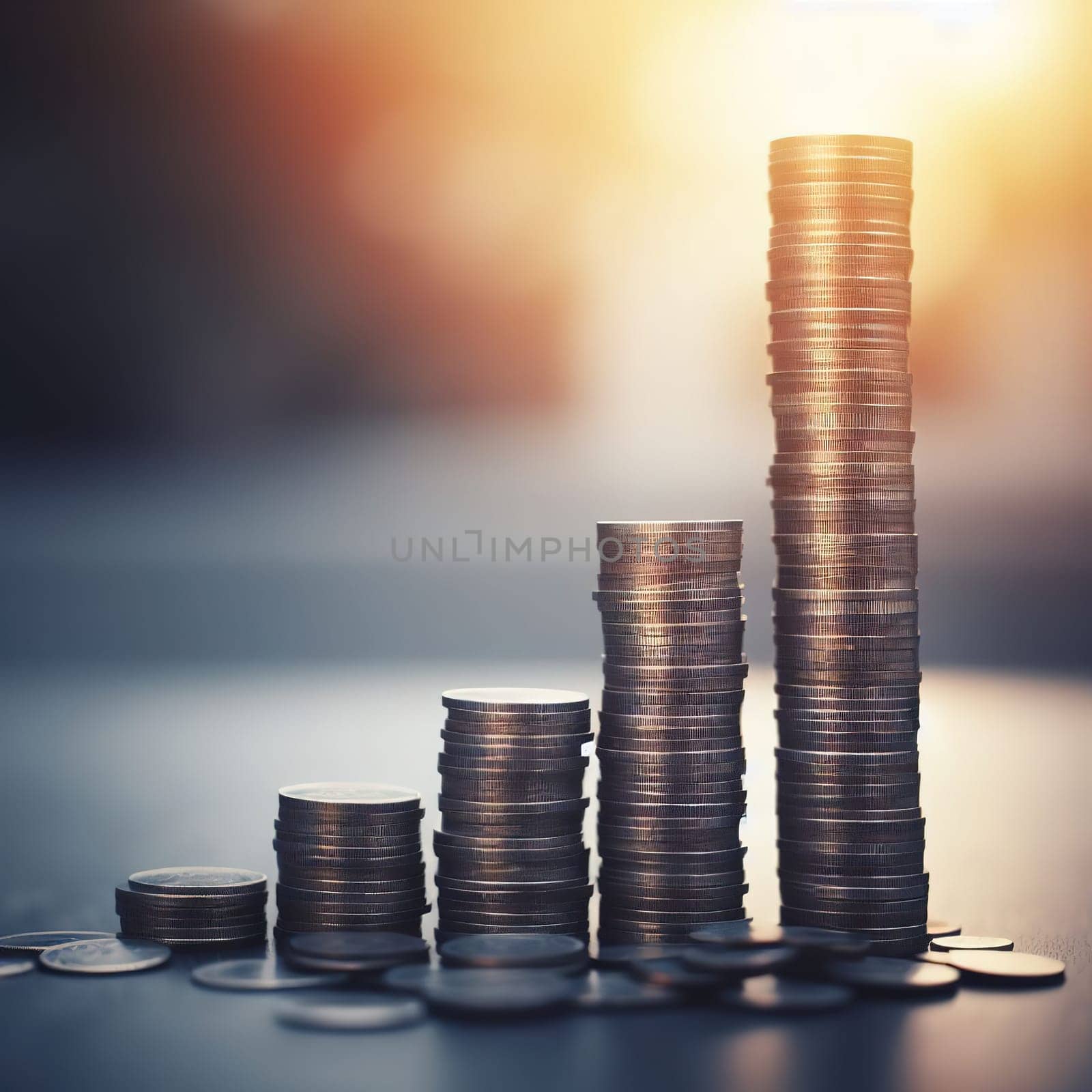 Stacks of coins, symbol of savings and investment. Generative AI. High quality illustration