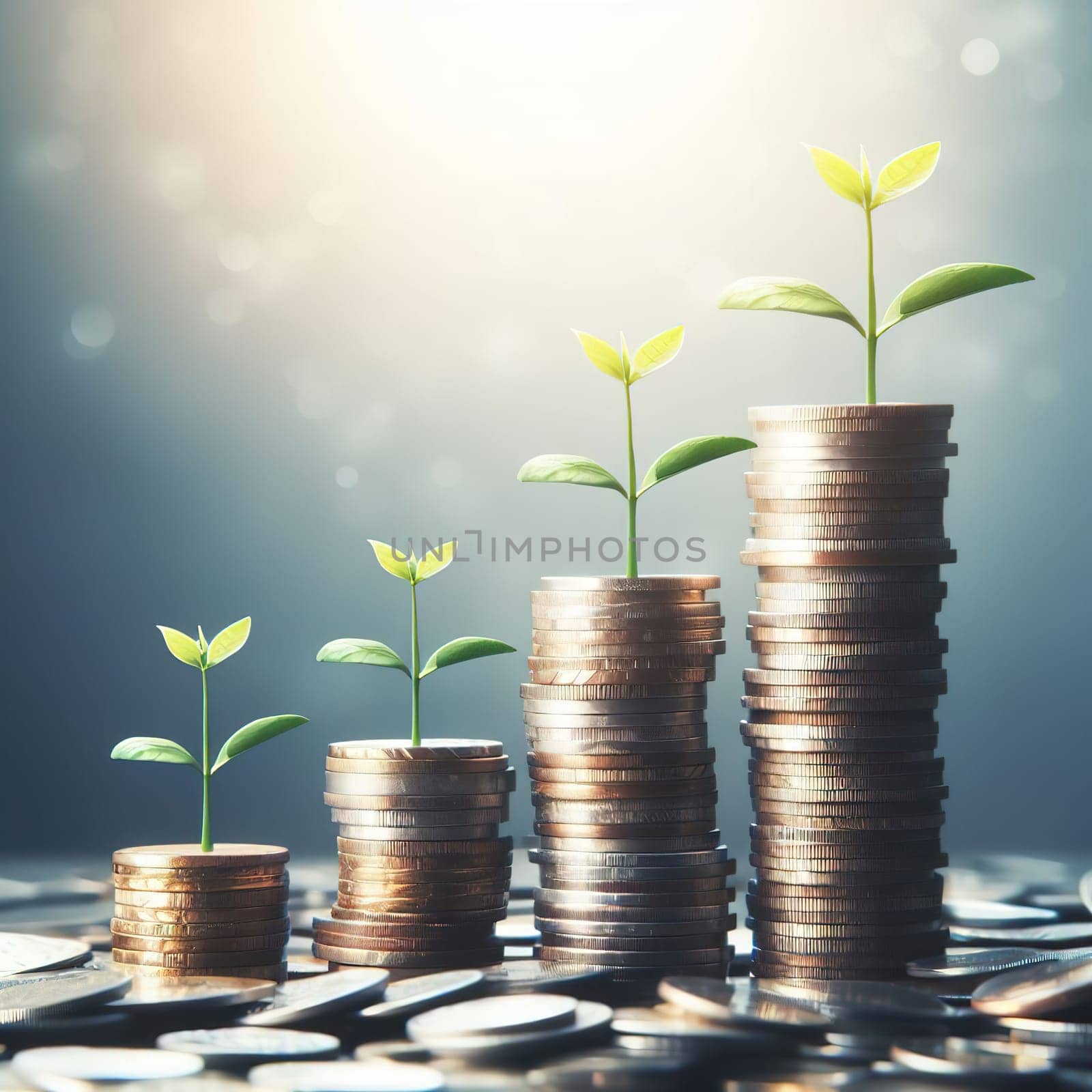 Stacks of coins, symbol of savings and investment. Generative AI. High quality illustration