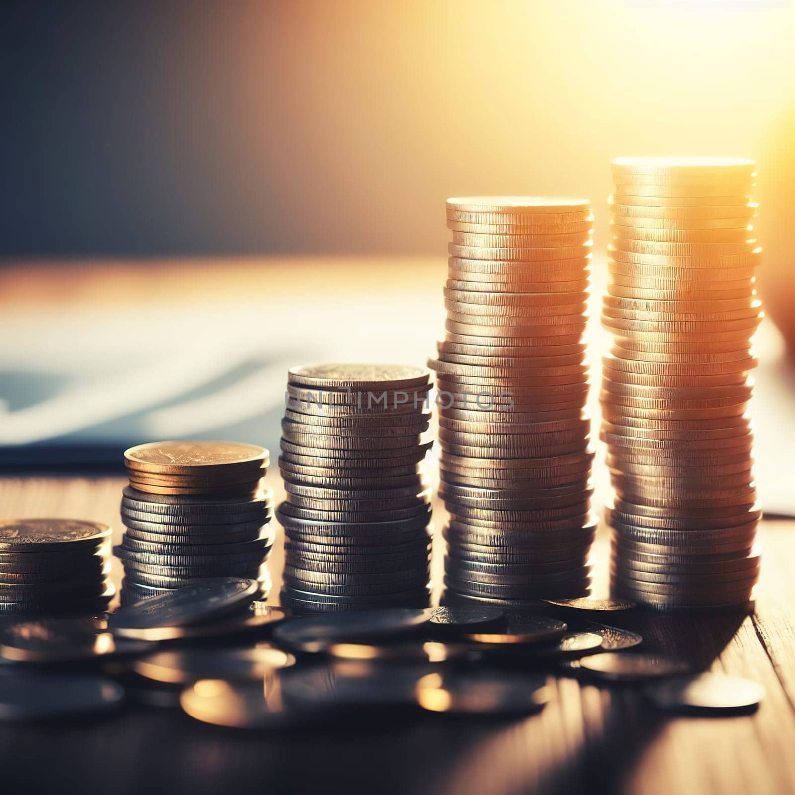 Stacks of coins, symbol of savings and investment. Generative AI. High quality illustration