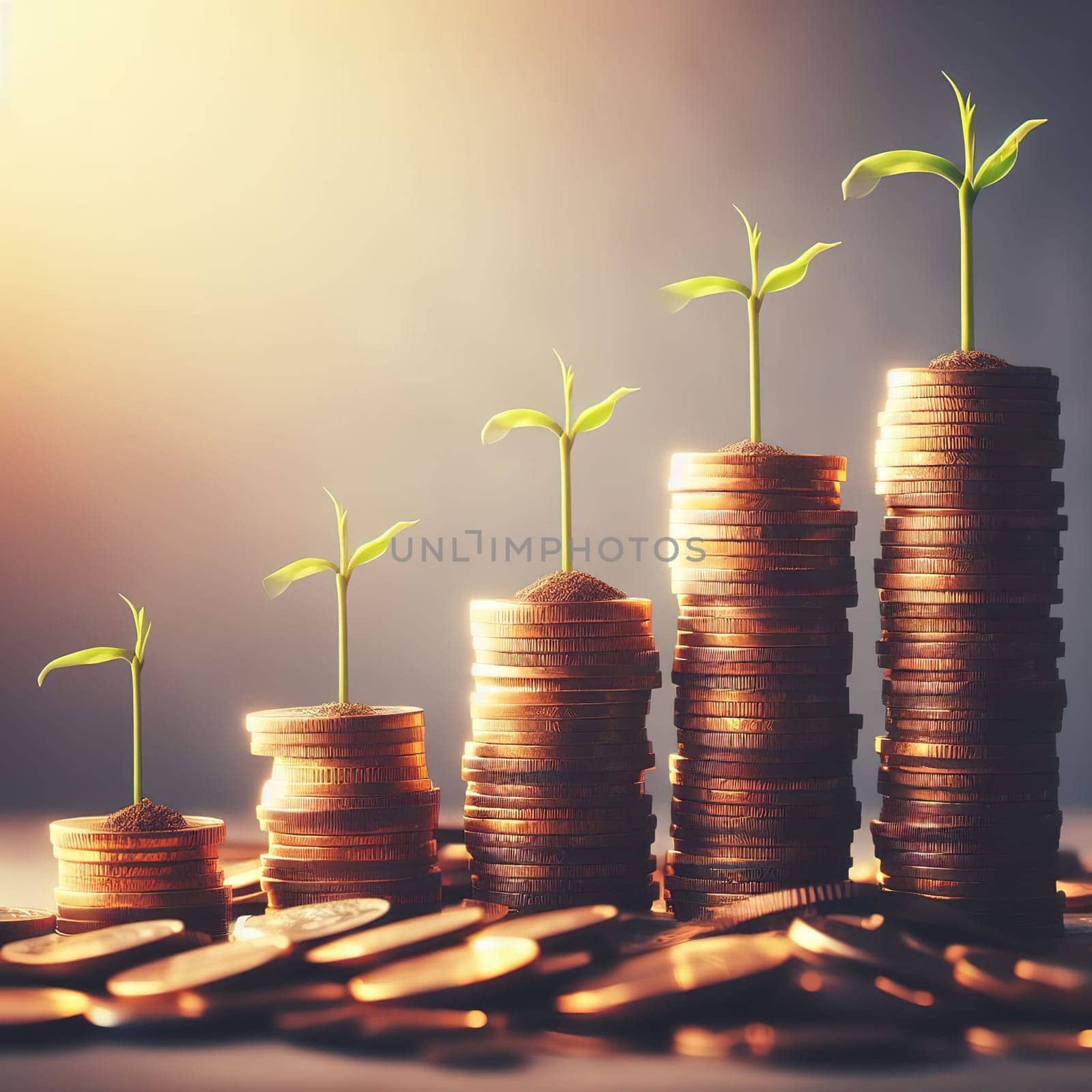 Stacks of coins, symbol of savings and investment. Generative AI. High quality illustration