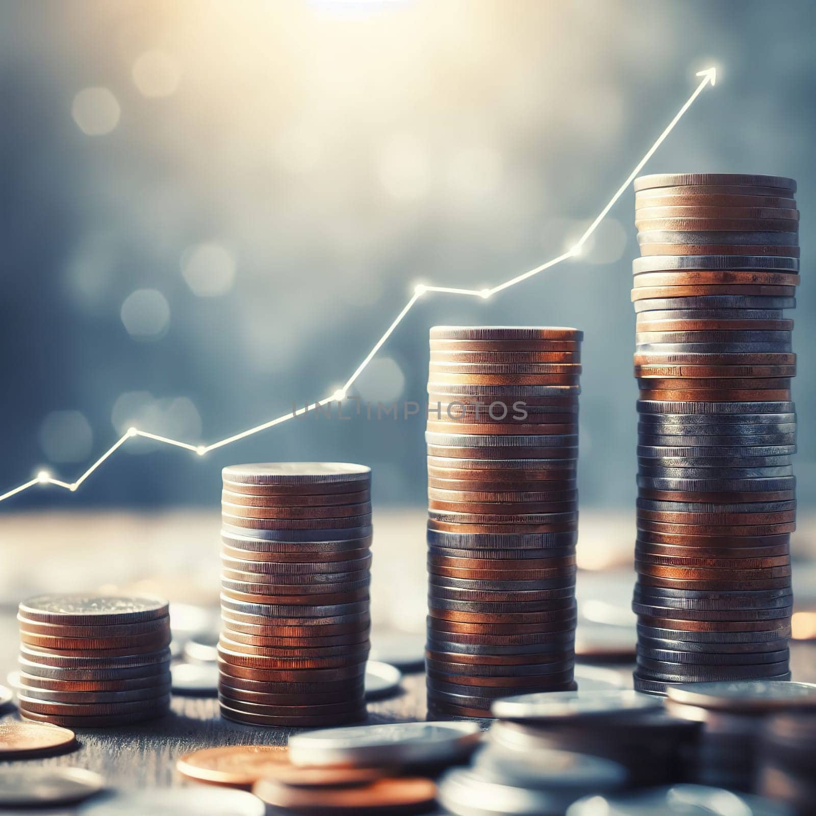 Stacks of coins, symbol of savings and investment. Generative AI. High quality illustration