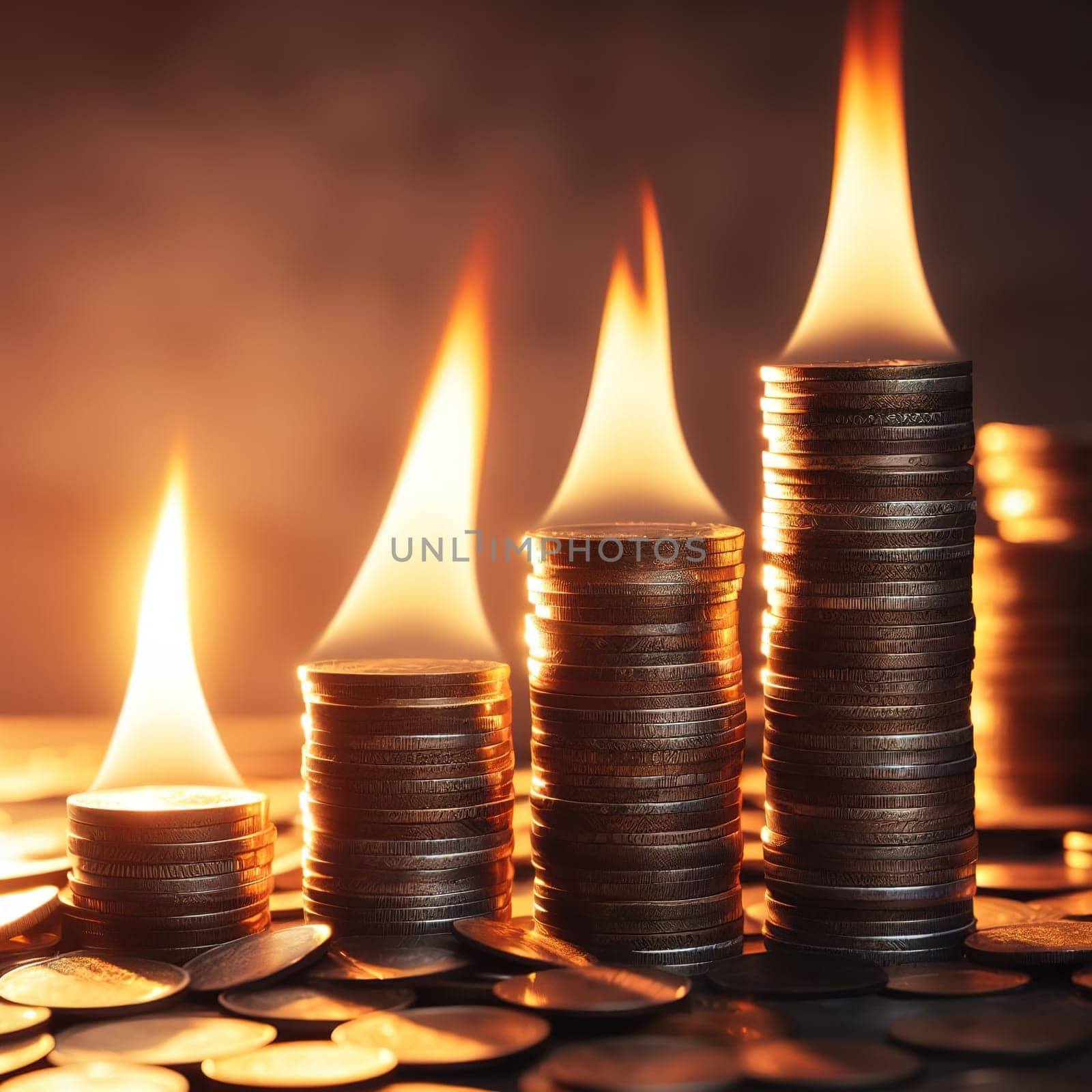 Stacks of coins, symbol of savings and investment. Generative AI. High quality illustration
