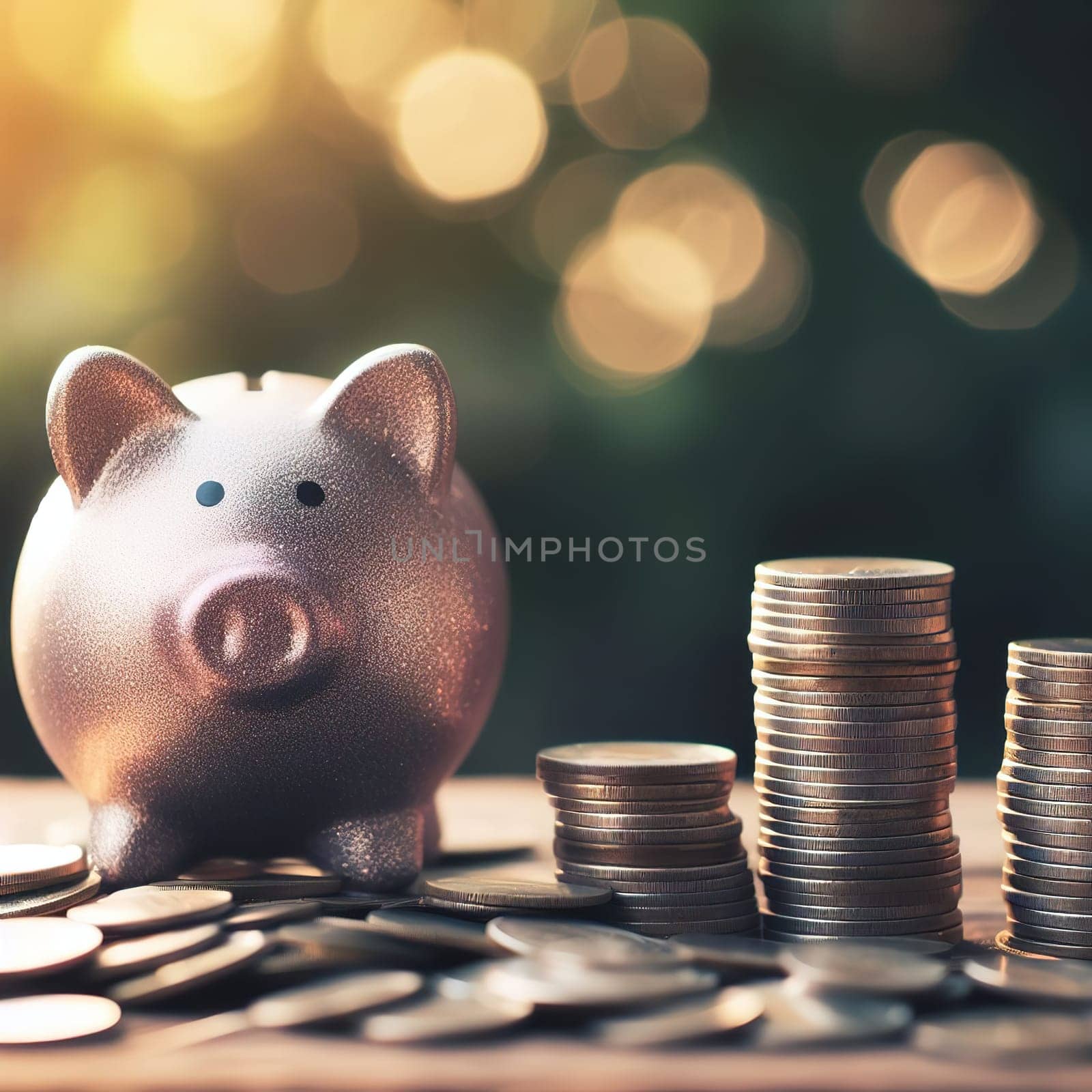 Stacks of coins, symbol of savings and investment. Generative AI. High quality illustration