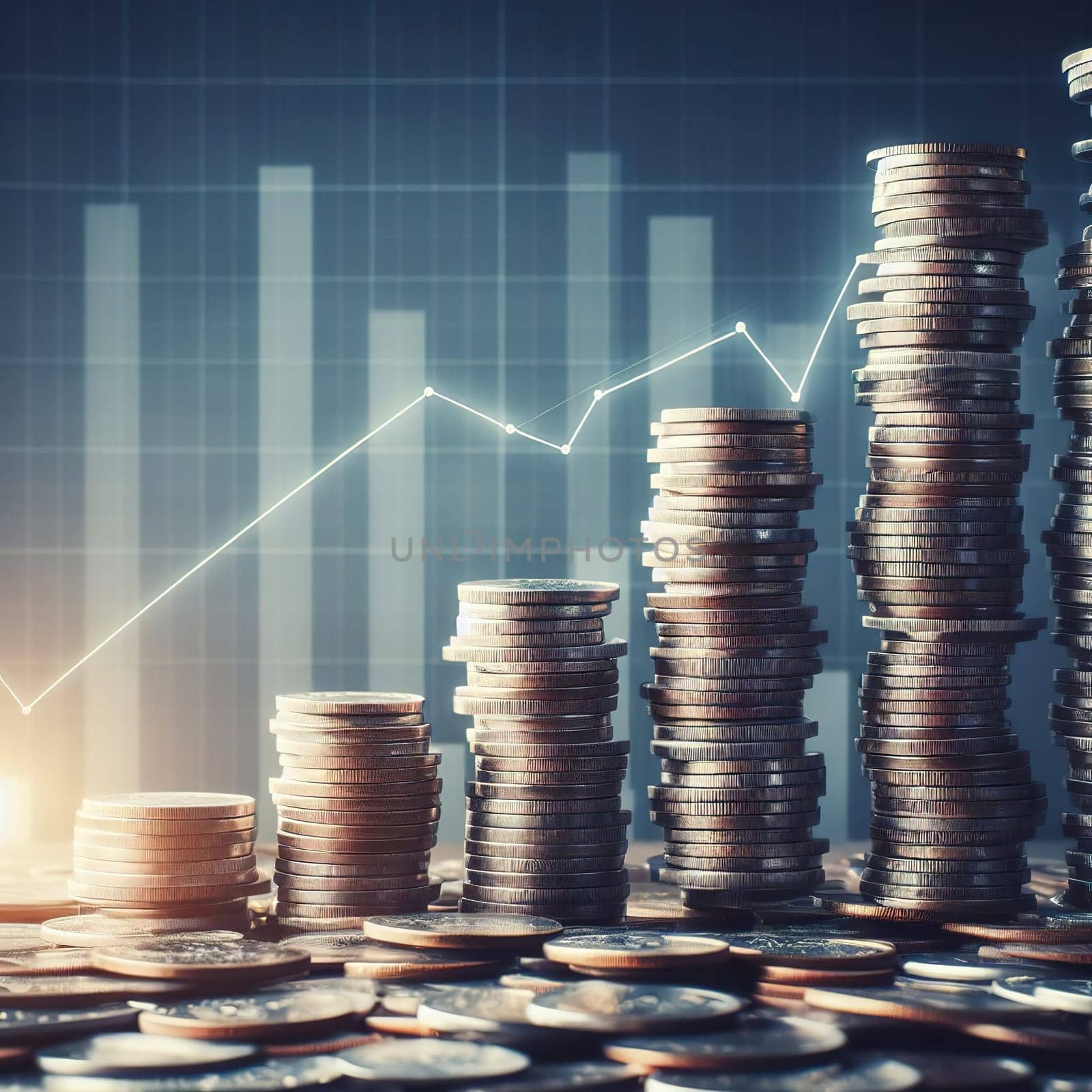 Stacks of coins, symbol of savings and investment. Generative AI. High quality illustration