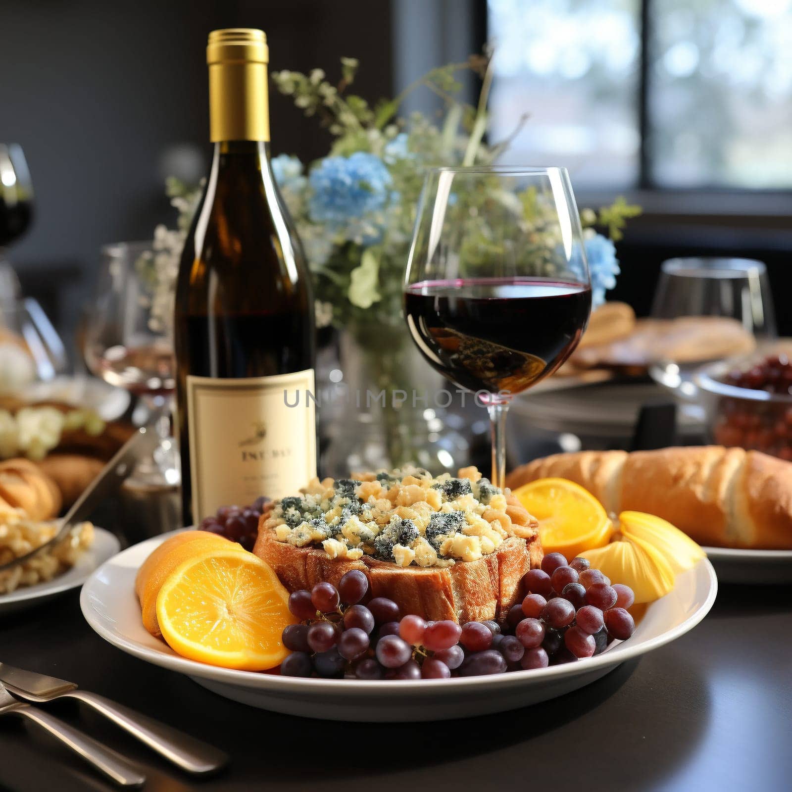 Table setting image. A bottle of wine and filled glasses, fruits and berries. High quality photo