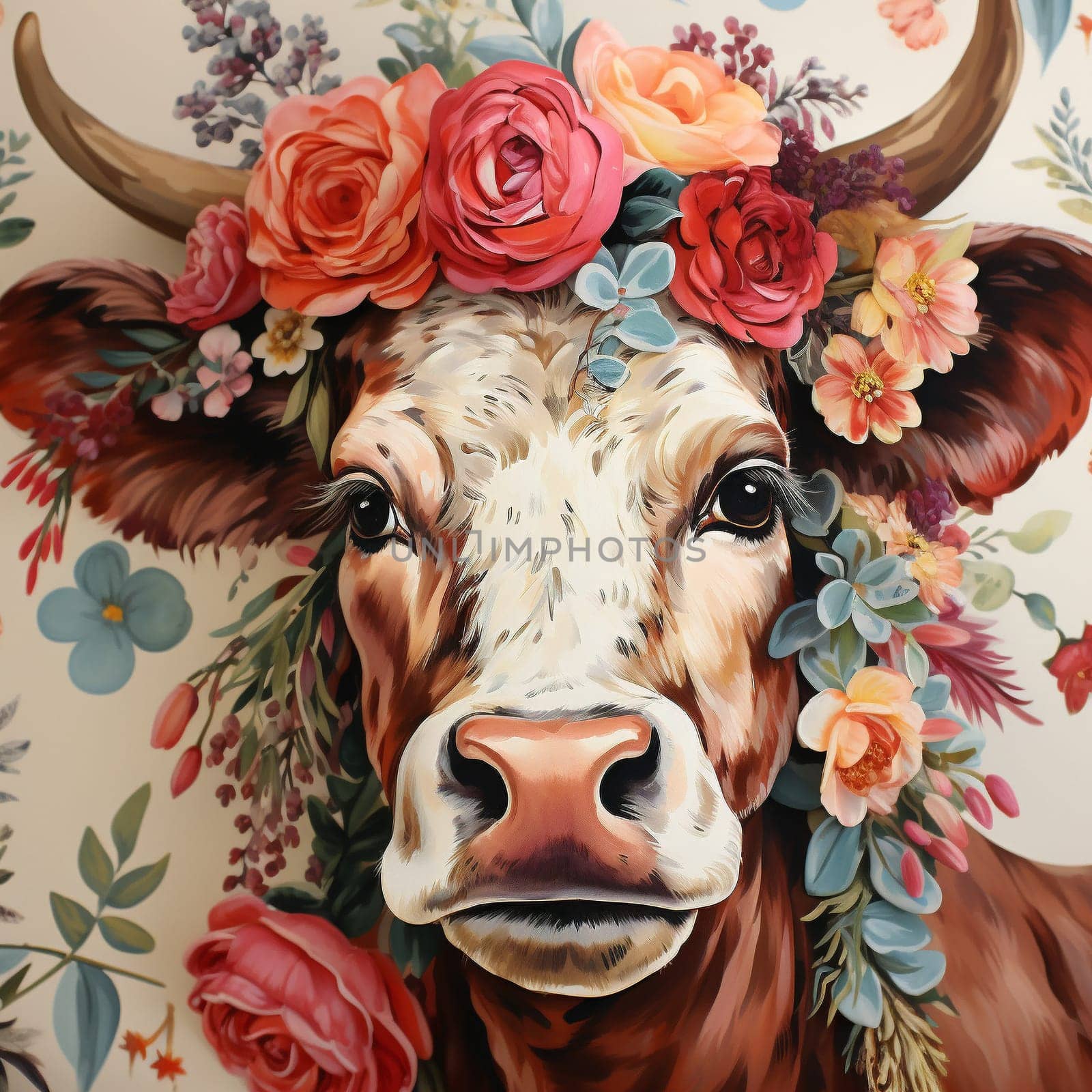 Portrait of a cow with big horns. Close-up of the muzzle of a cow decorated with bright flowers by ekaterinabyuksel