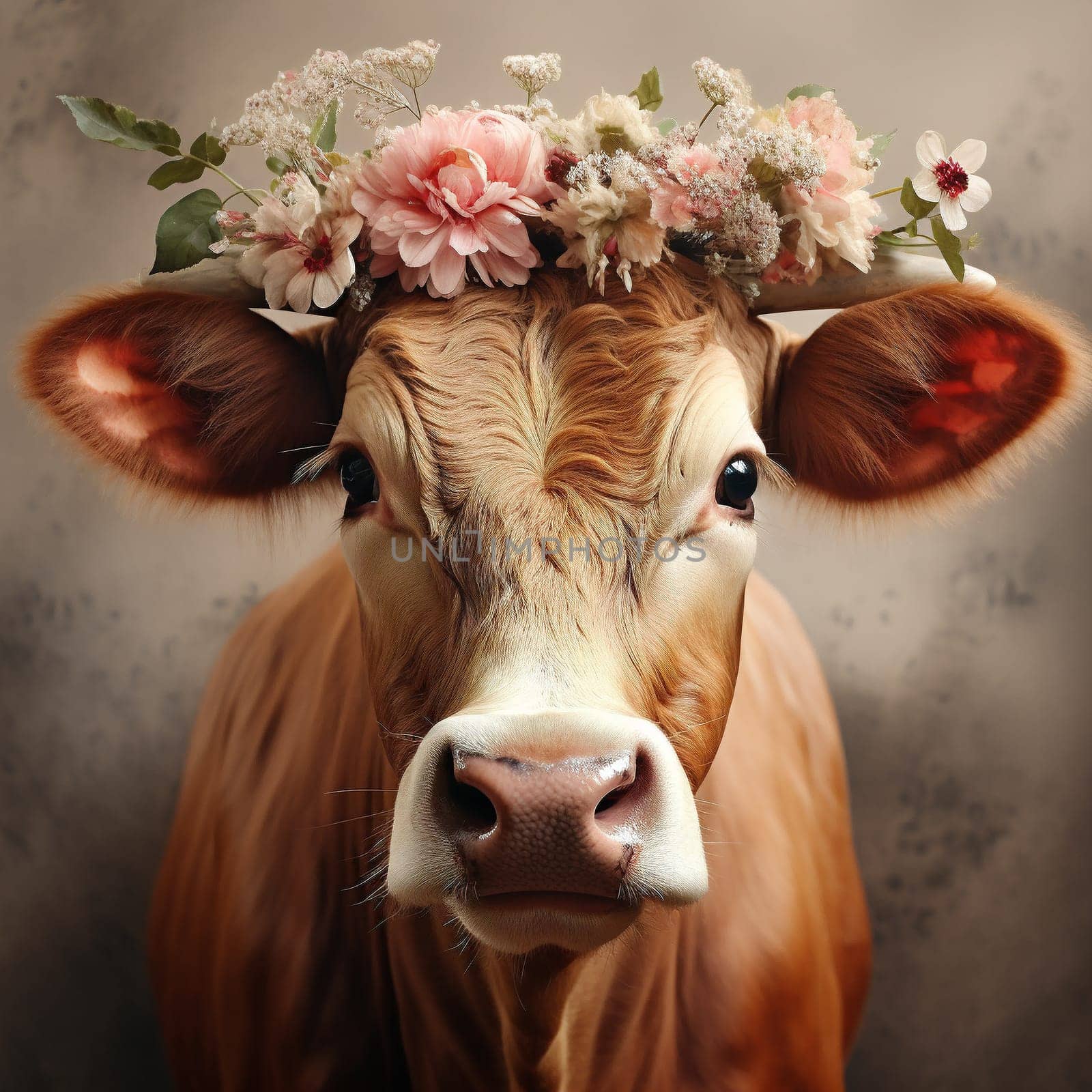 Portrait of a cow with big horns. Close-up of the muzzle of a cow decorated with bright flowers. High quality illustration