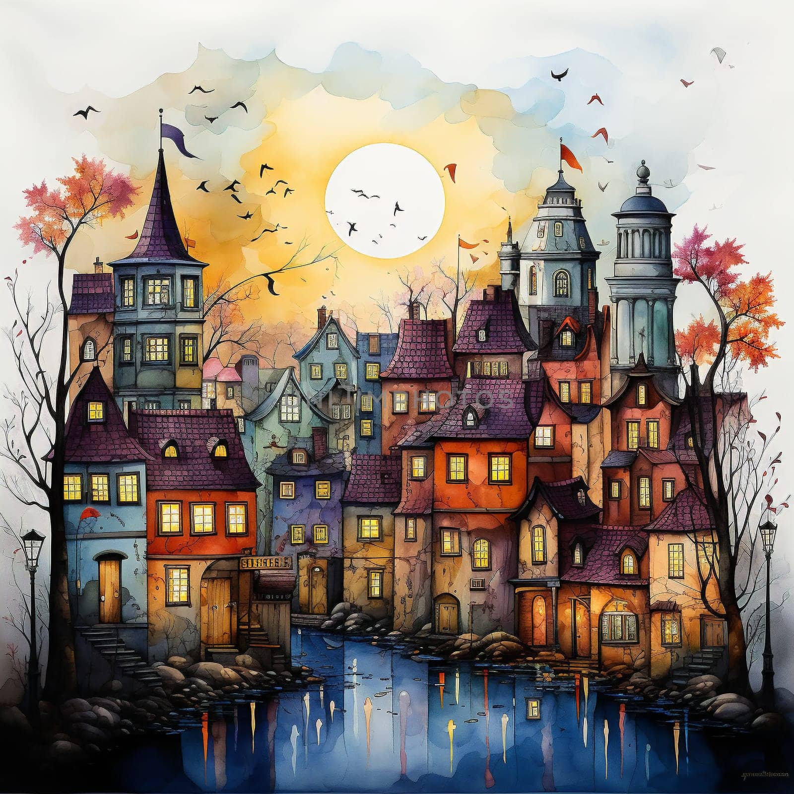 Colorful image of a large castle in the autumn season. High quality illustration