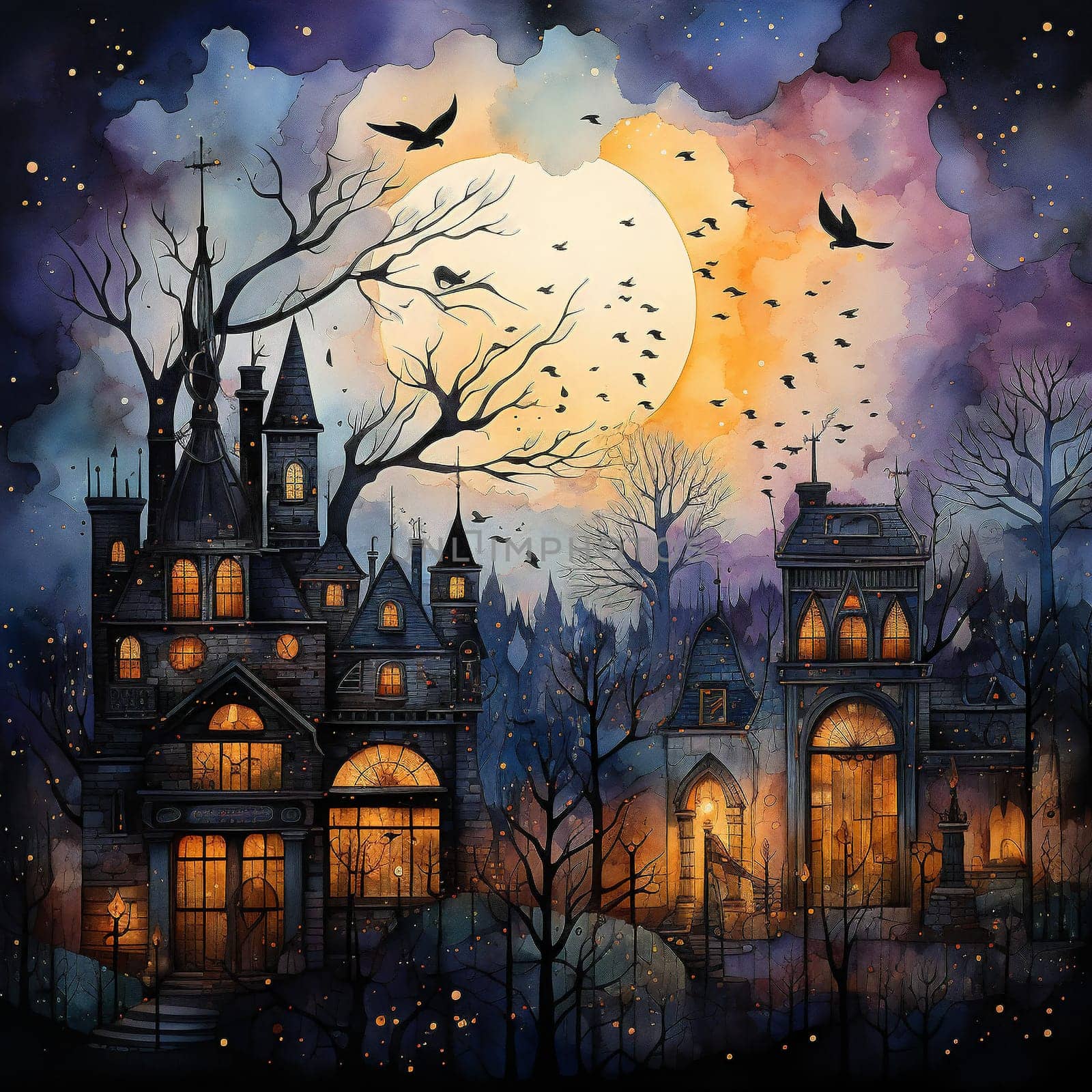 Colorful image of a large castle in the autumn season. High quality illustration