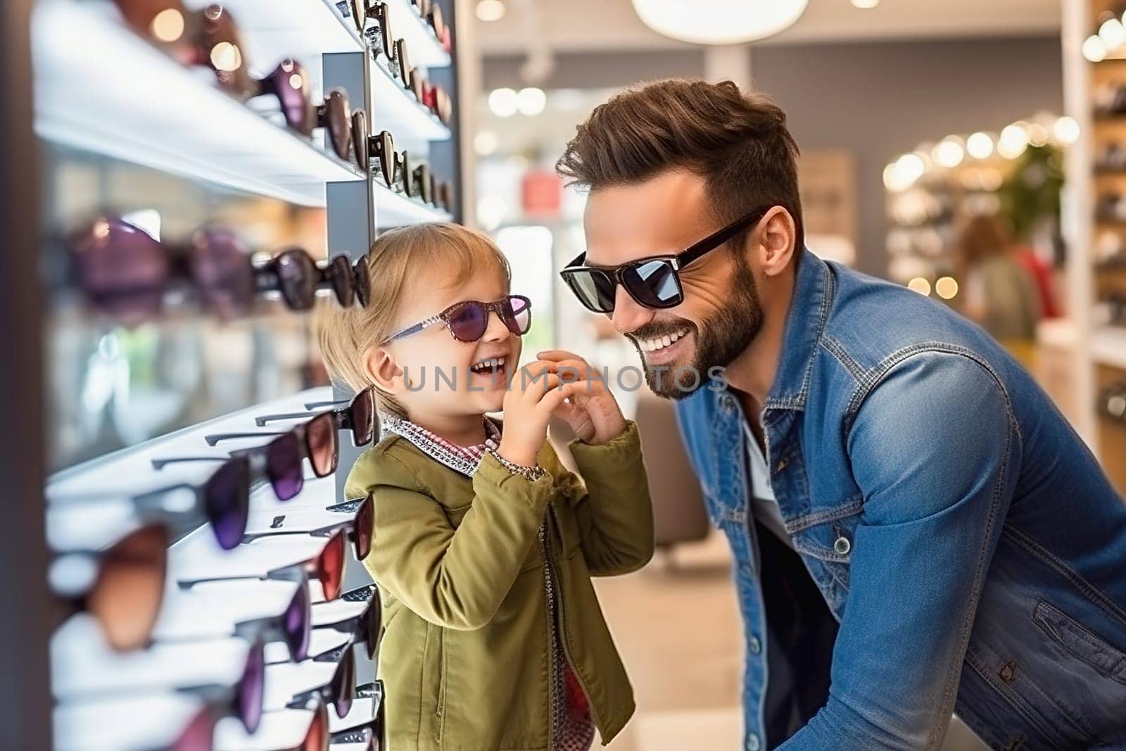 A happy father picks out his son's sunglasses