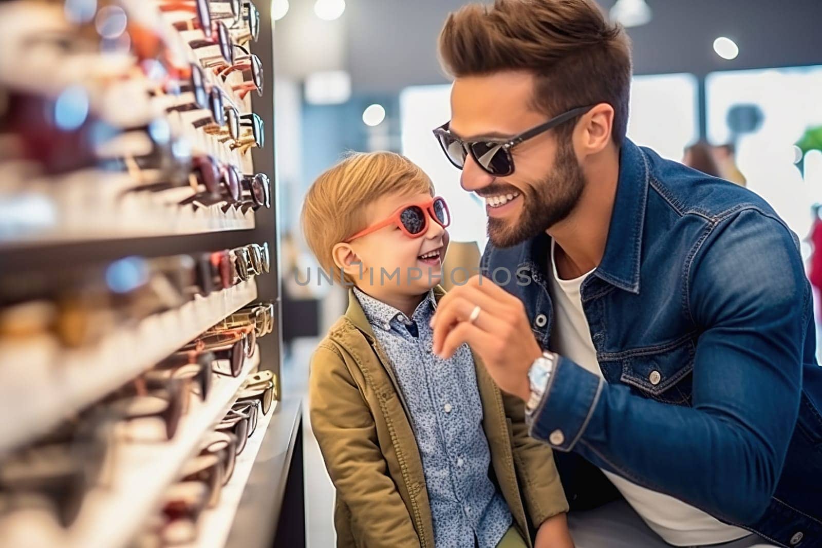 A happy father picks out his son's sunglasses