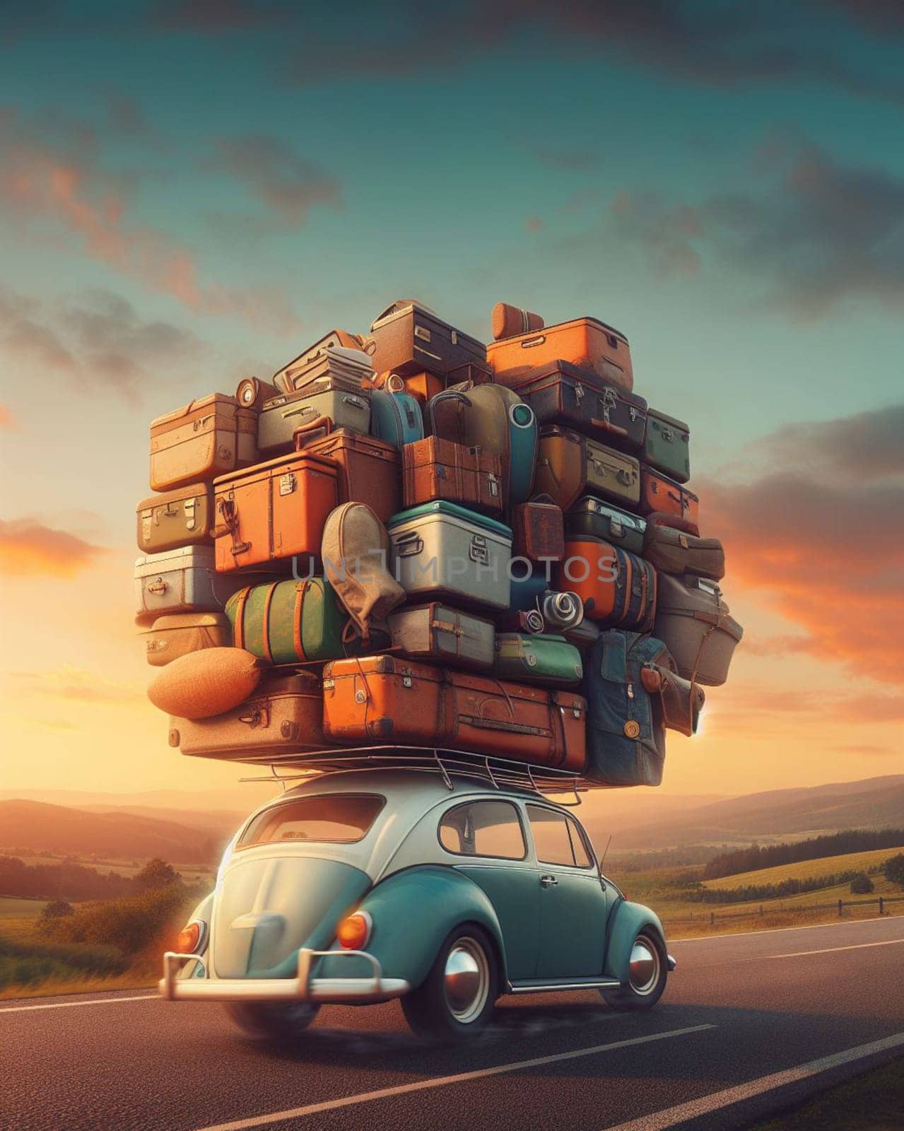 huge load luggage on roof of vintage car van t1 german Vacation traveling nomadic life on the road generated ai art