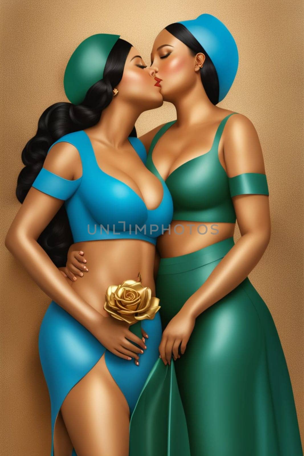 fashion portrait of couple modern empowered women illustration , blue, copper and pastel tones by verbano