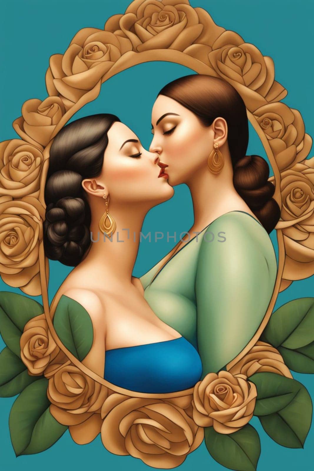 fashion portrait of couple modern empowered women illustration , blue, copper and pastel tones by verbano