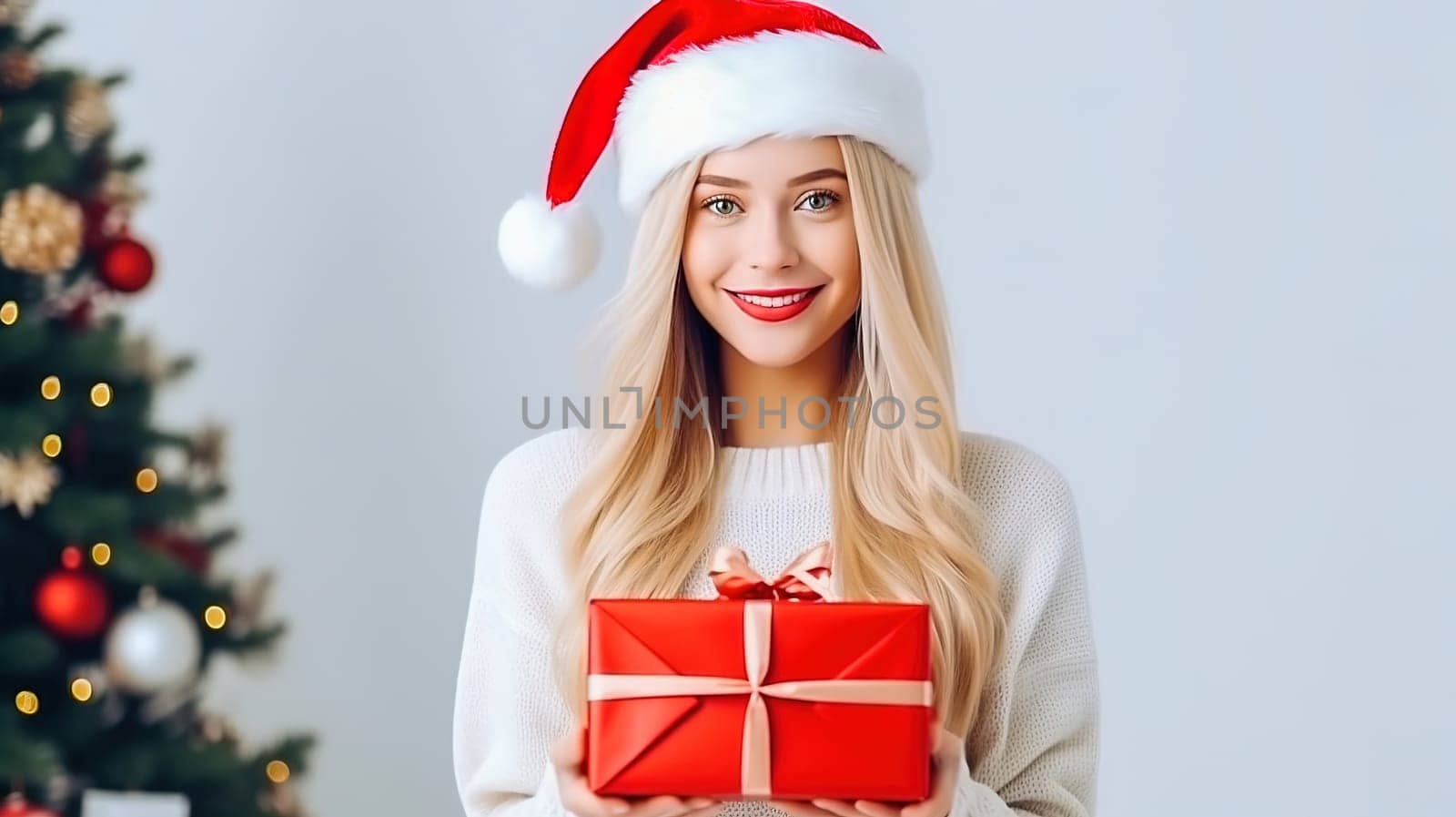 A beautiful girl in a red Christmas hat gives a gift