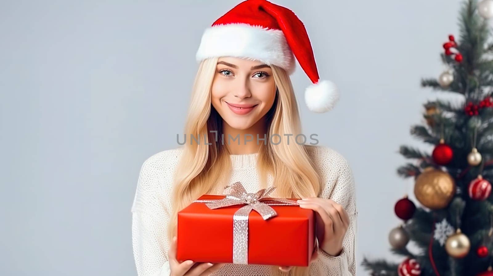 A beautiful girl in a red Christmas hat gives a gift