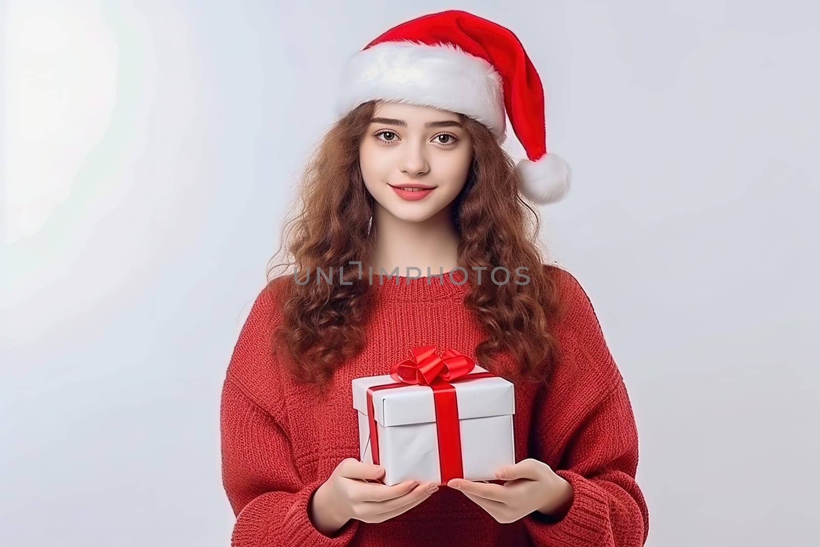 A beautiful girl in a red Christmas hat gives a gift