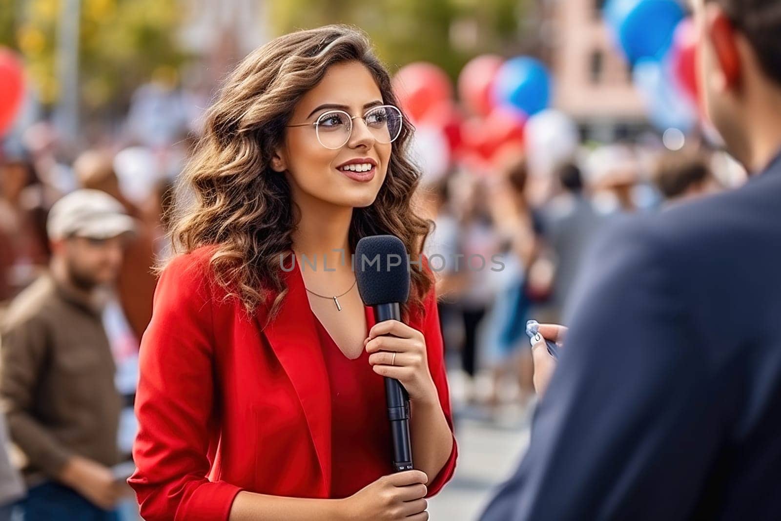 A woman with a microphone interviews people at a rally. by Yurich32